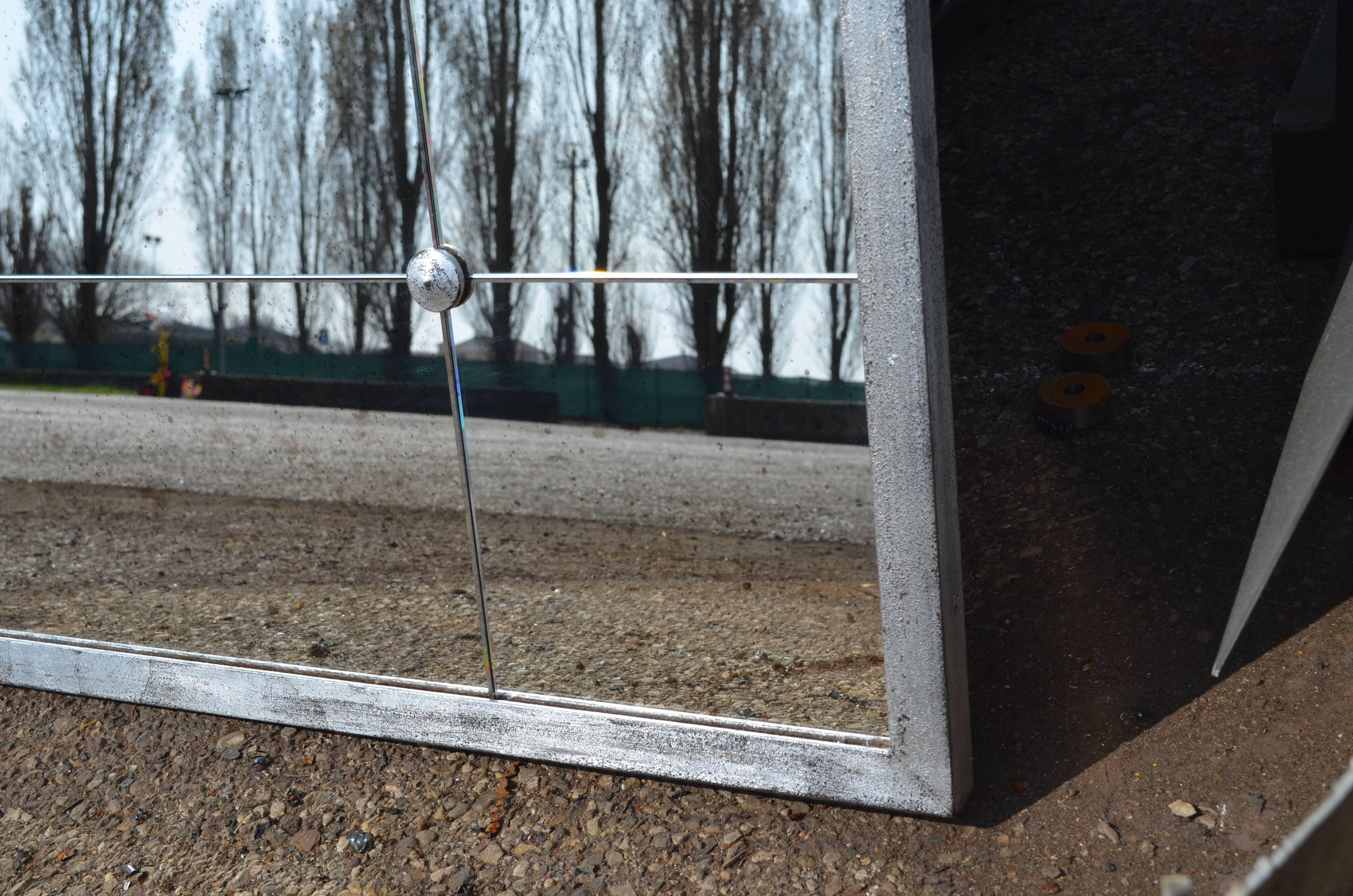 Italian Industrial Style Silver Iron Frame Paneled Aged Glass Rounded Edges Mirror For Sale