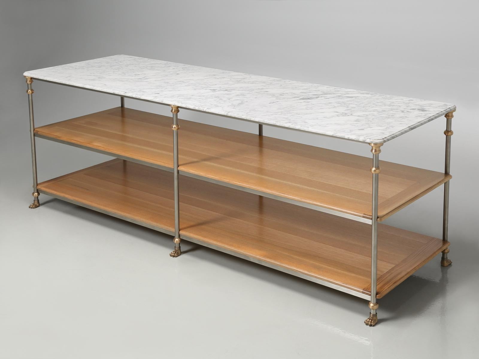 Industrial Style Stainless and Bronze Kitchen Island with Carrara Marble Shelves For Sale 11