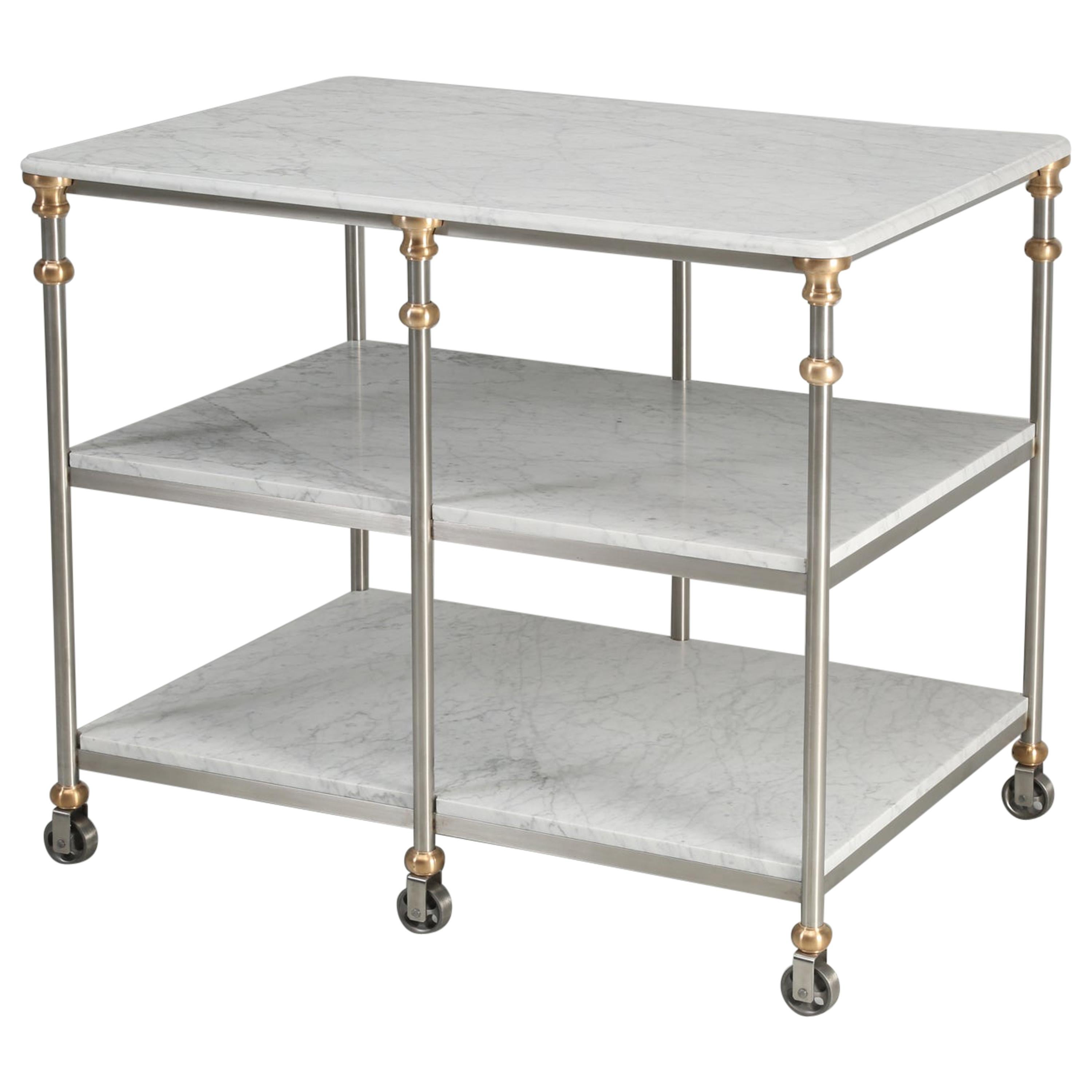 Industrial Style Stainless and Bronze Kitchen Island with Carrara Marble Shelves For Sale