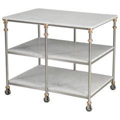 Industrial Style Stainless and Bronze Kitchen Island with Carrara Marble Shelves