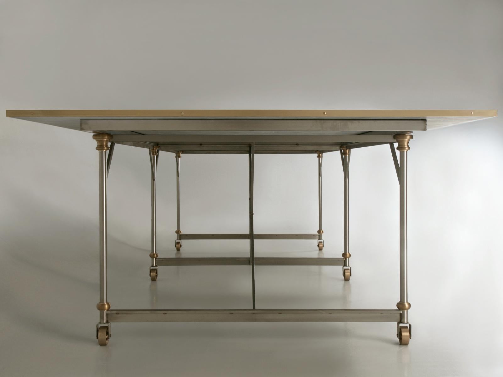Industrial Style Stainless Steel and Solid Bronze Table Base, Marble Optional For Sale 4