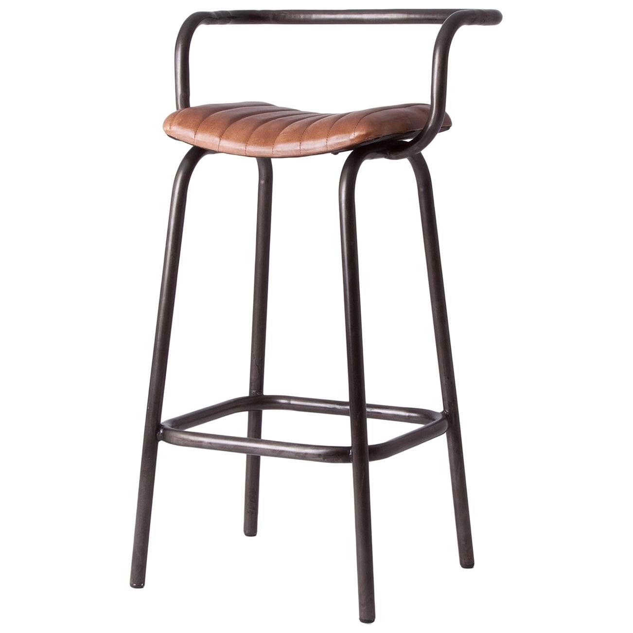 Industrial Style Tubular Metal and Leather Counter Bar Stool