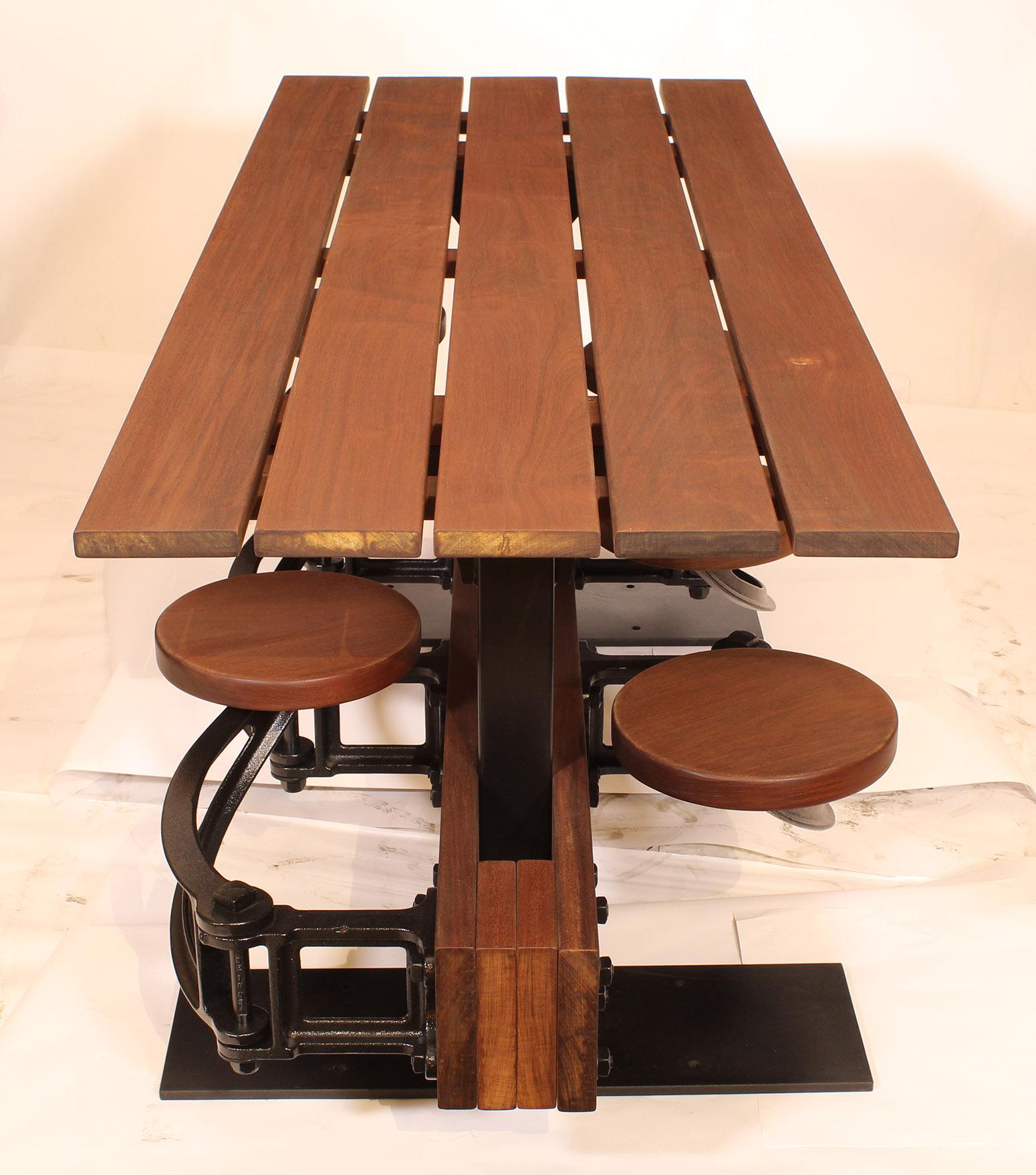 Cast Industrial Swing-Out-Seat Outdoor Dining Table For Sale