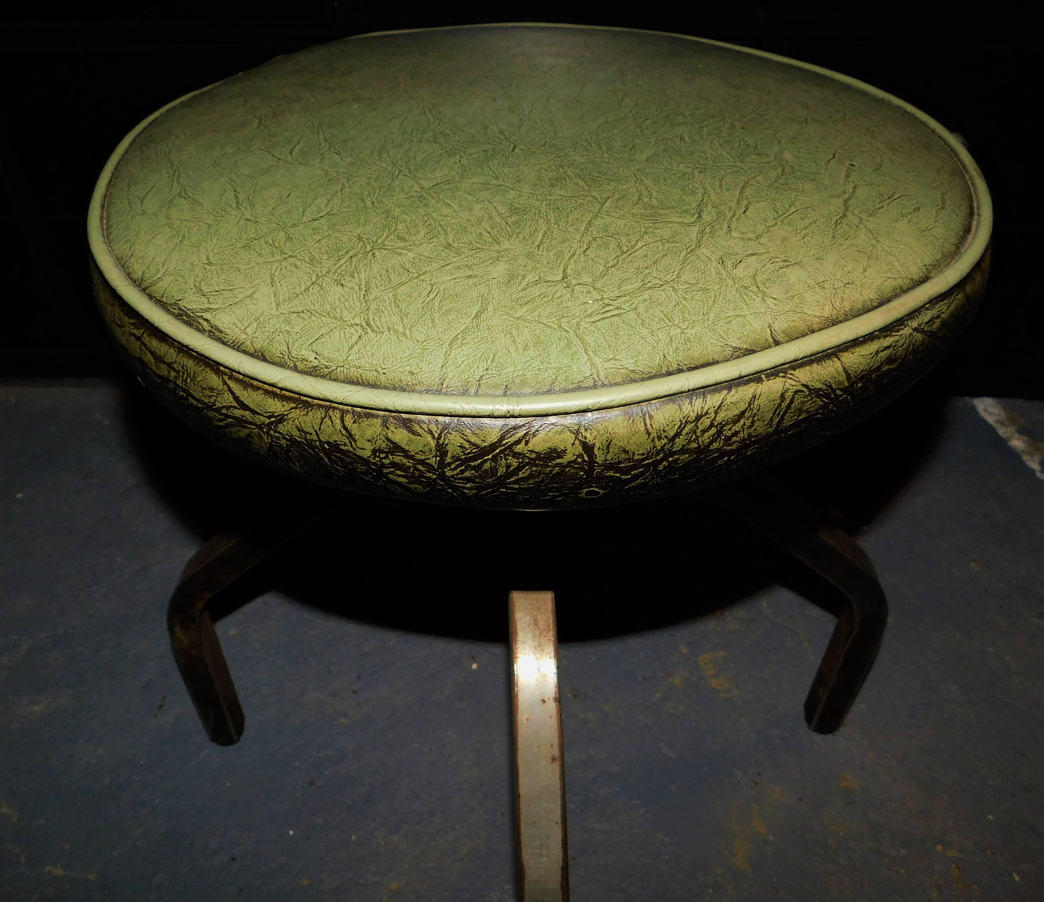 20th Century Industrial Swivel Green Leather and Metal Stool For Sale