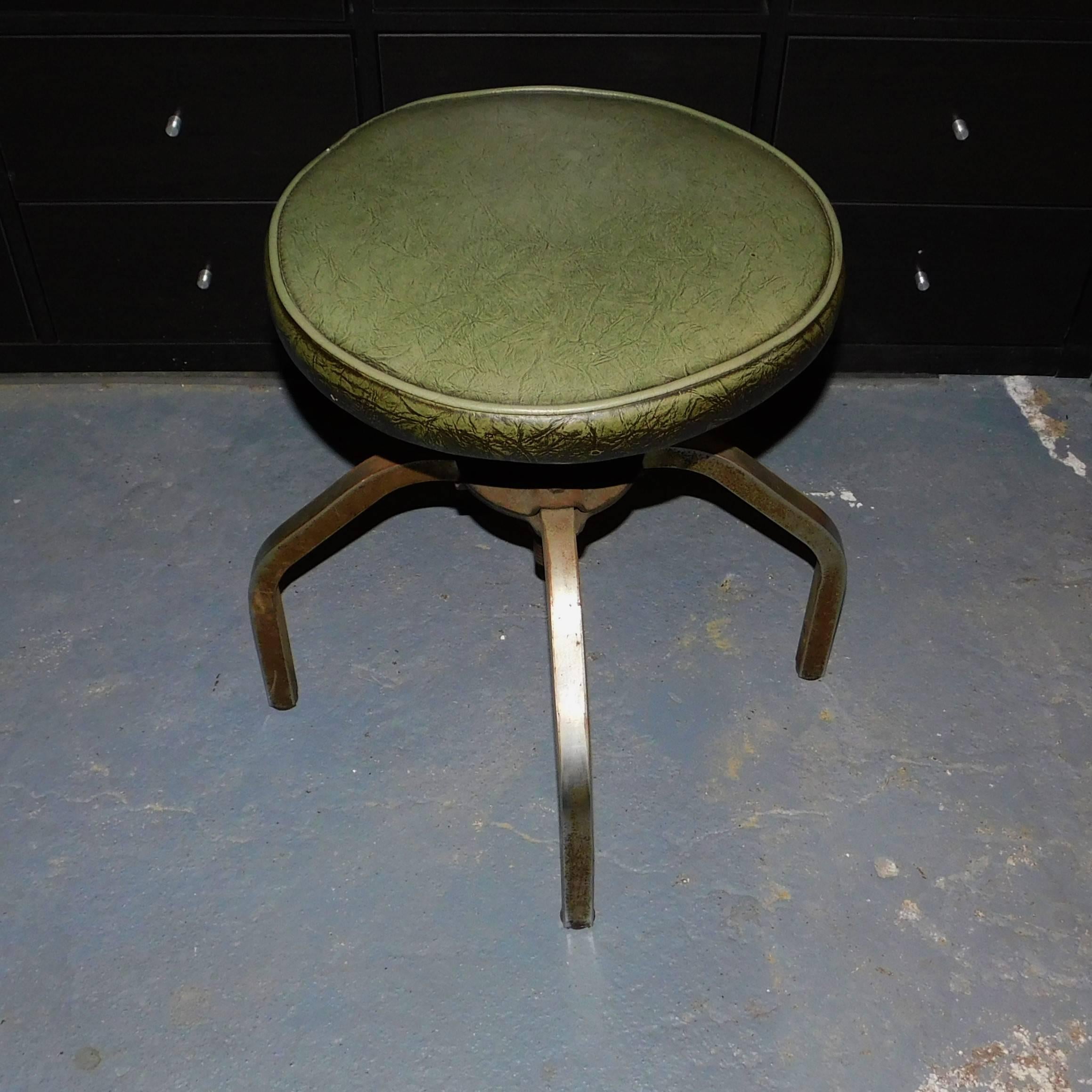 Industrial Swivel Green Leather and Metal Stool For Sale 1