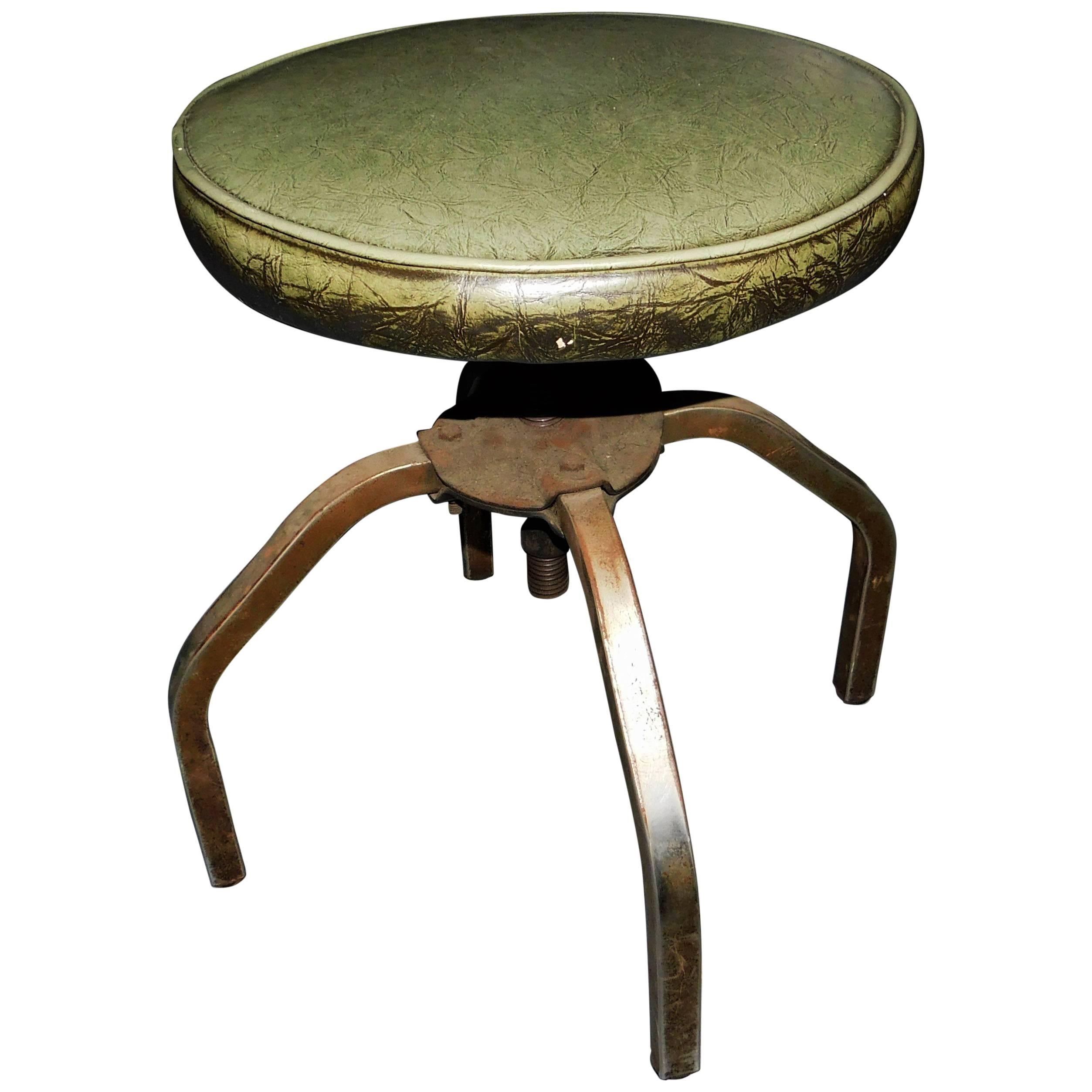 Industrial Swivel Green Leather and Metal Stool For Sale