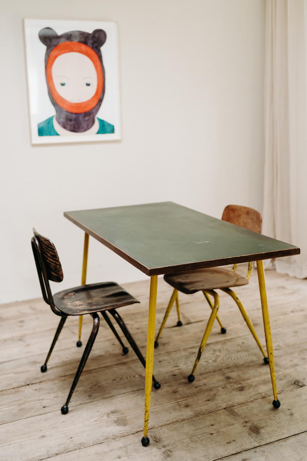 North American Industrial Table and Two Chairs by Dave Chapman For Sale