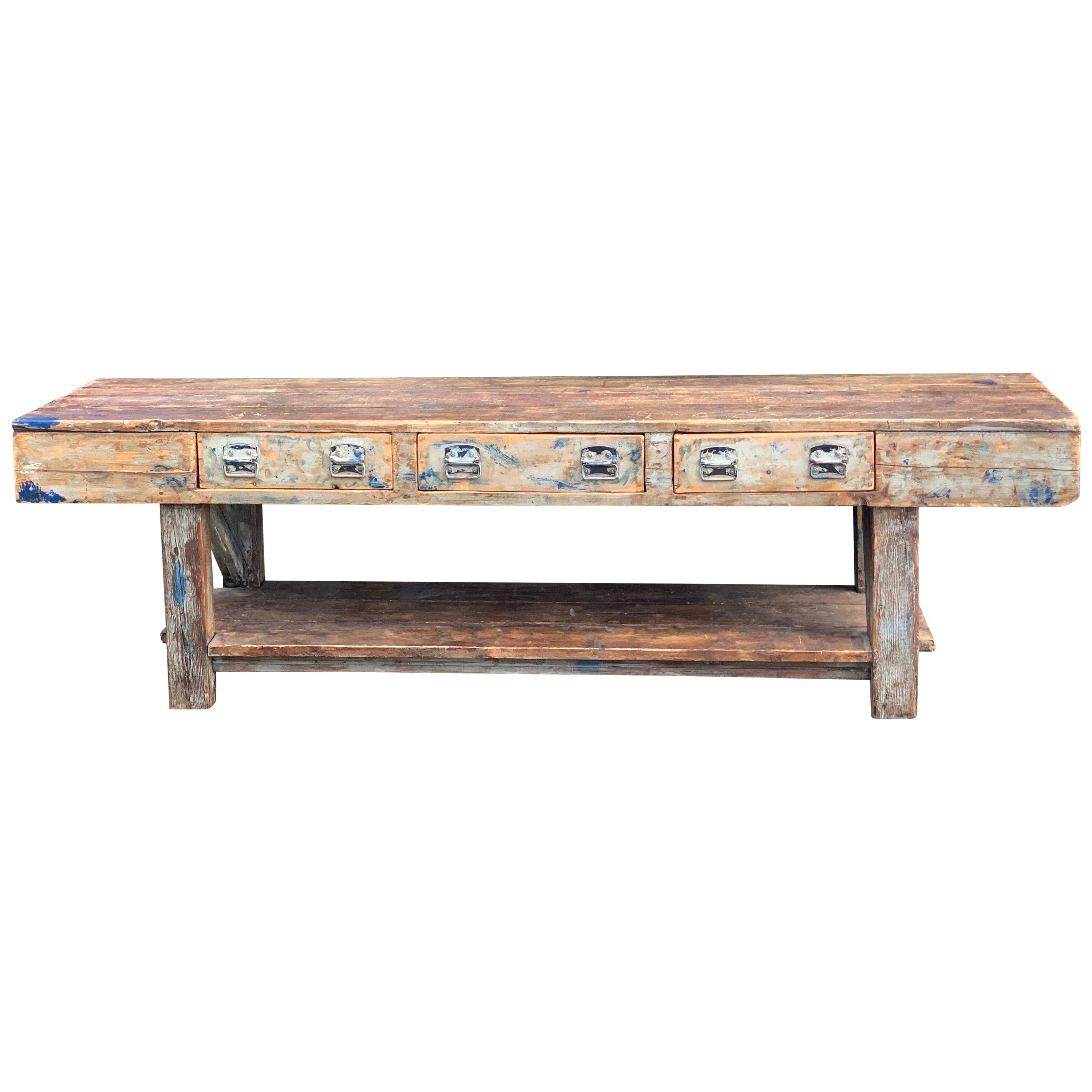 Industrial Table Oak and Pine Work Bench Sideboard Distressed Loft Style Antique