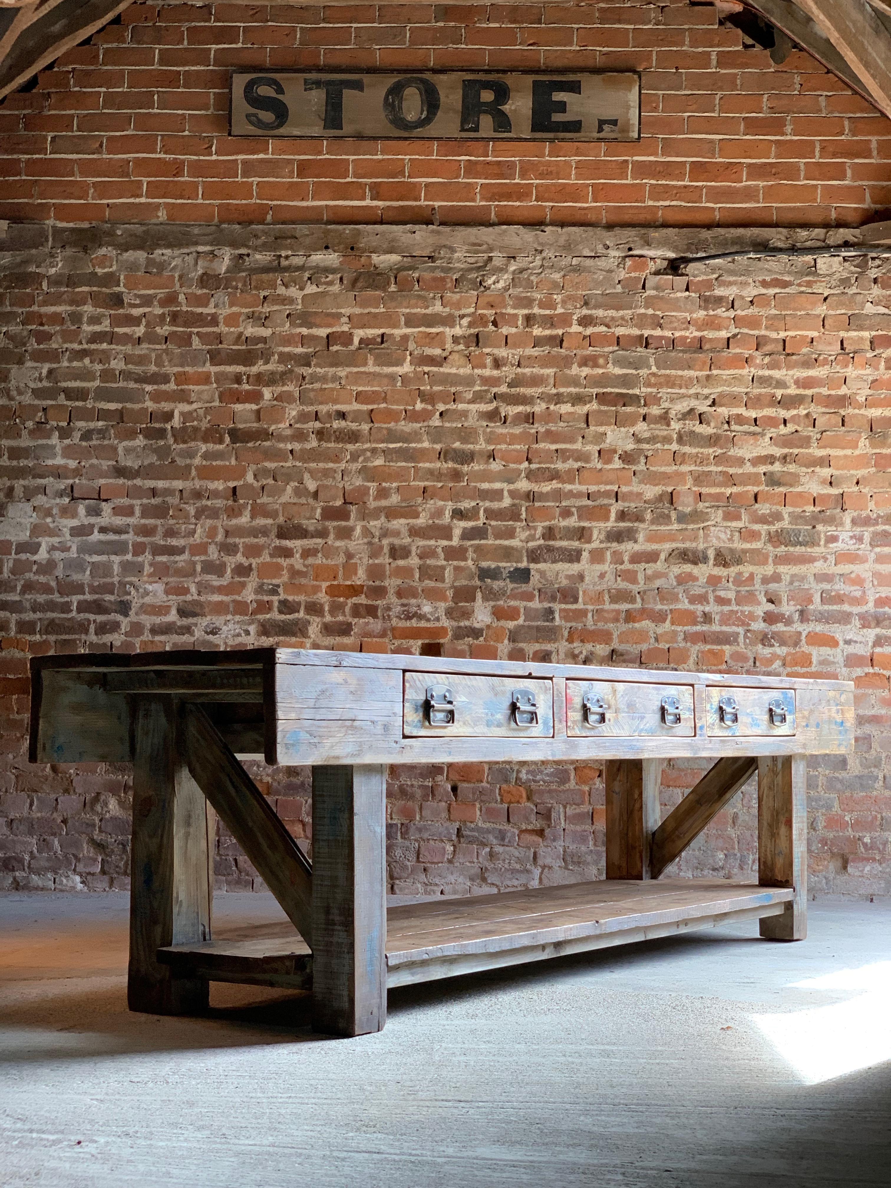 Industrial table oak and pine work bench sideboard distressed Loft style antique 

Magnificent large and imposing solid oak and pine work bench or table, made from reclaimed oak rafters from a 17th century chapel in the heart of Somerset were the