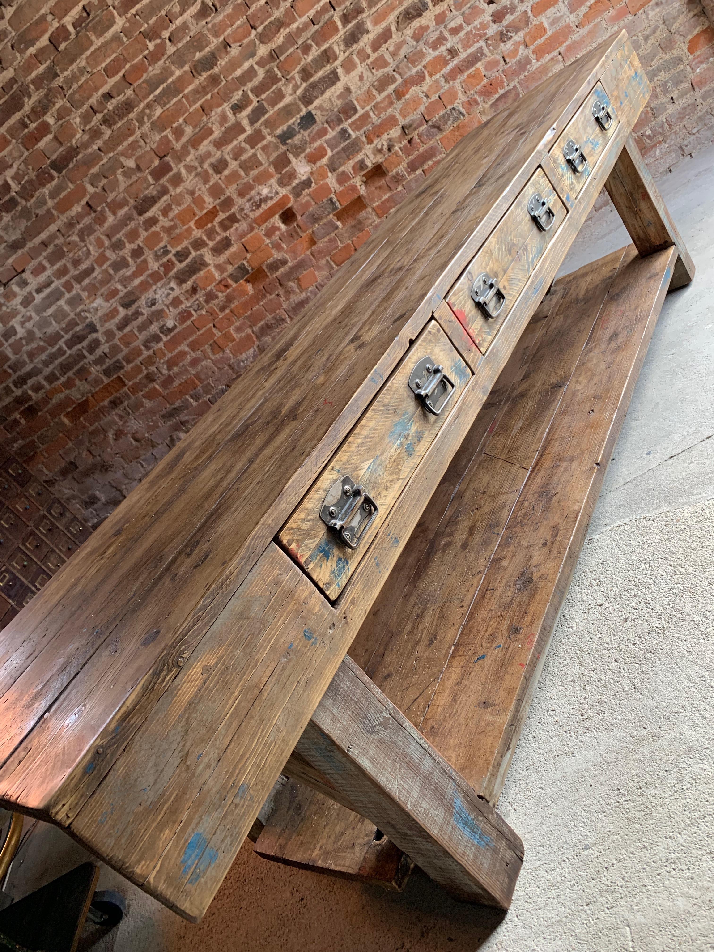 Mid-20th Century Industrial Table Oak & Pine Work Bench Sideboard Distressed Loft Style Antique