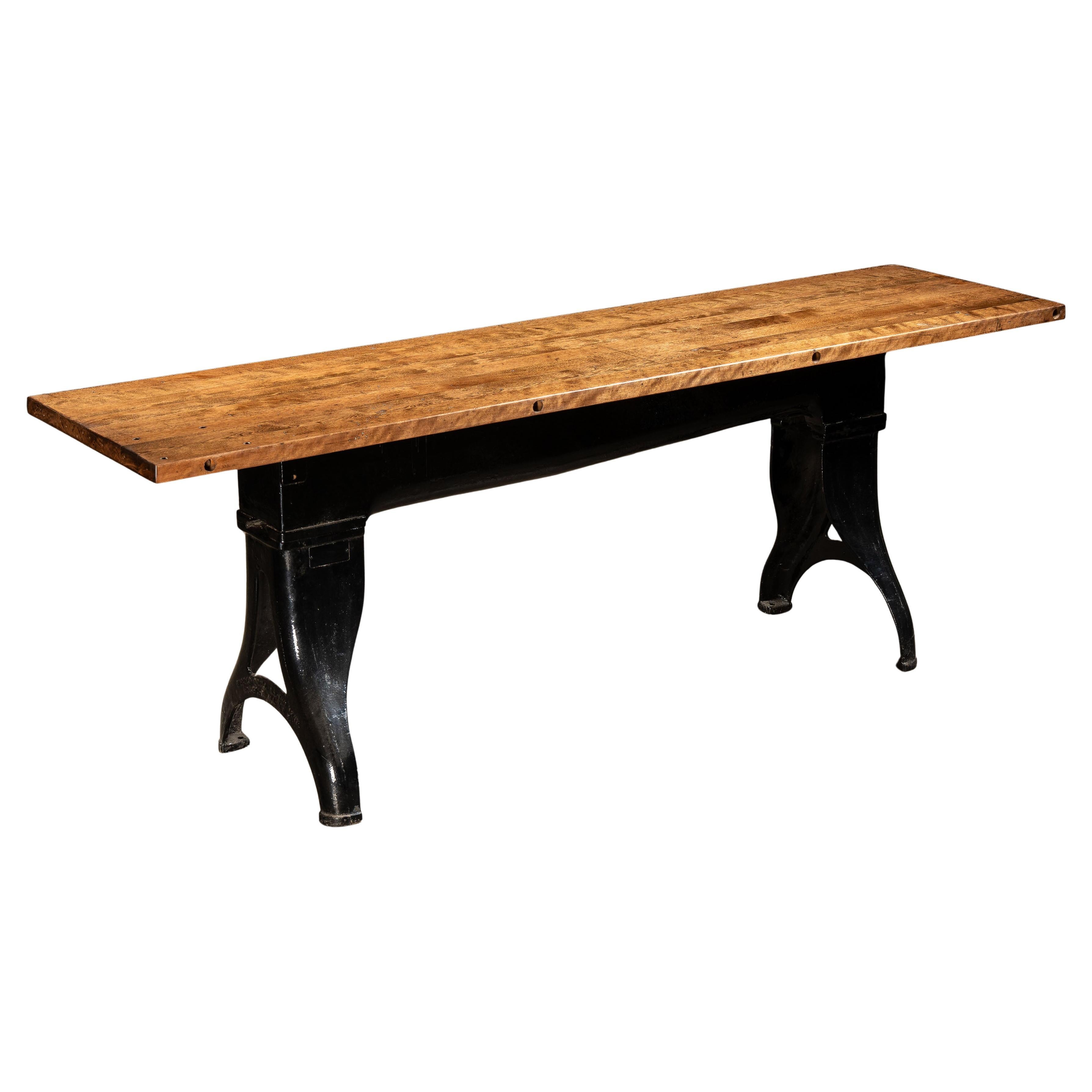 Industrial Table on Antique Cast Iron Base For Sale