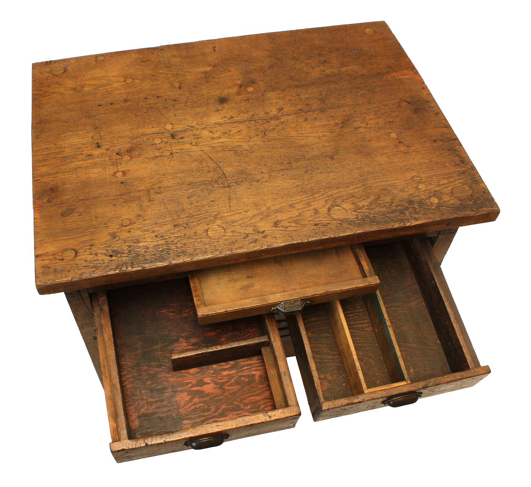 Vintage industrial wooden multi drawer workbench.