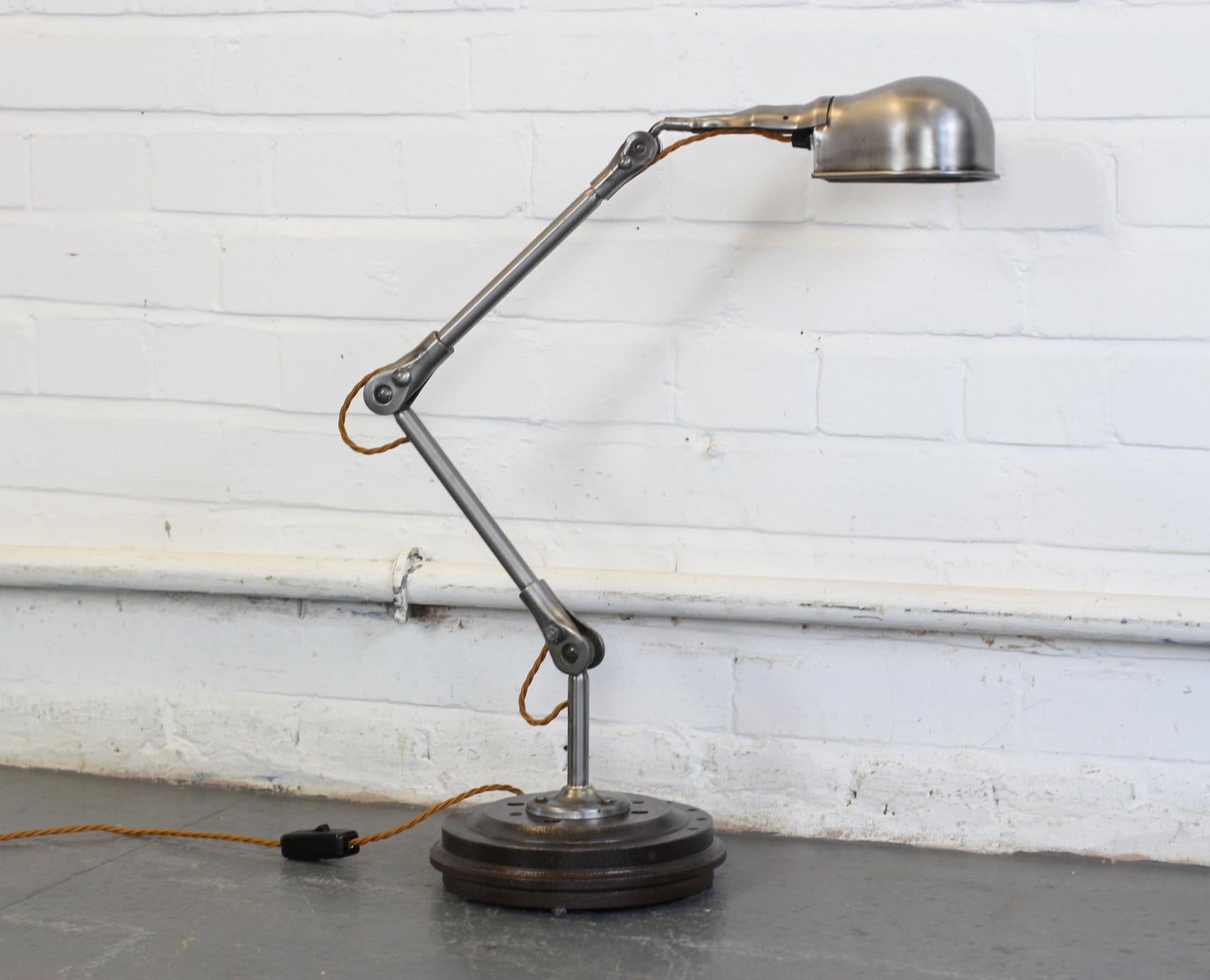 Industrial task lamp by Fostoria USA, circa 1940s

- Fully articulated with ball and socket joints
- Tubular steel arms with aluminium shade
- Takes E27 fitting bulbs
- Re wired with old gold twist flex
- American, circa 1940s
- 21 cm x 21cm