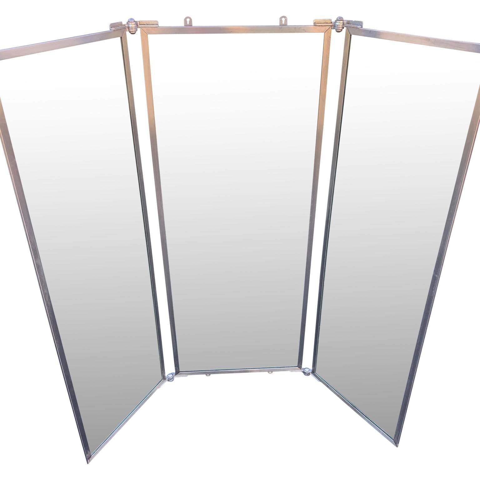 20th Century Industrial Three-Panel Mirror and Metal Folding Screen