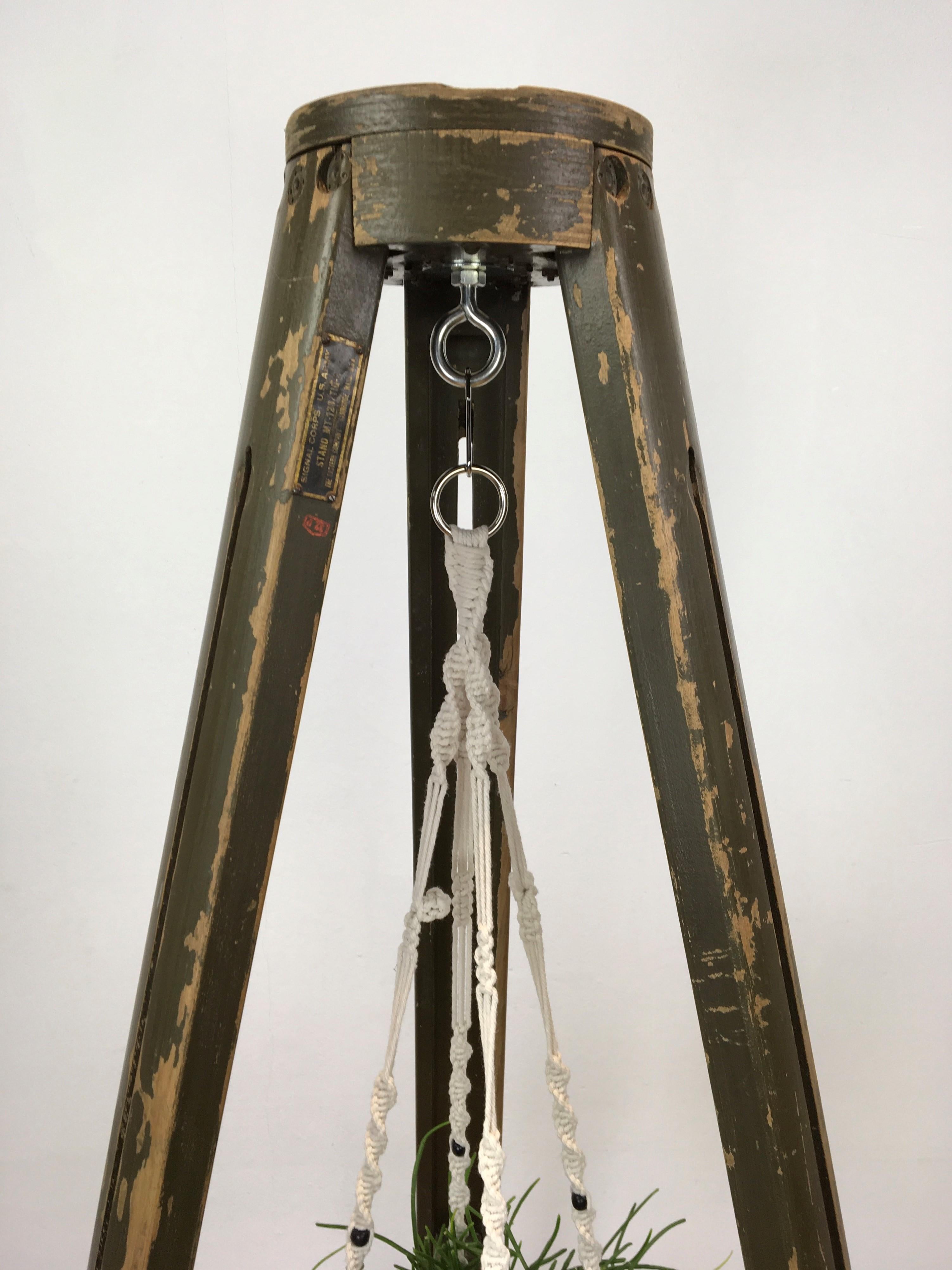 Wood Industrial Tripod, Signal Corps Us Army, Hanging Plant Holder Base, Pedestal  For Sale
