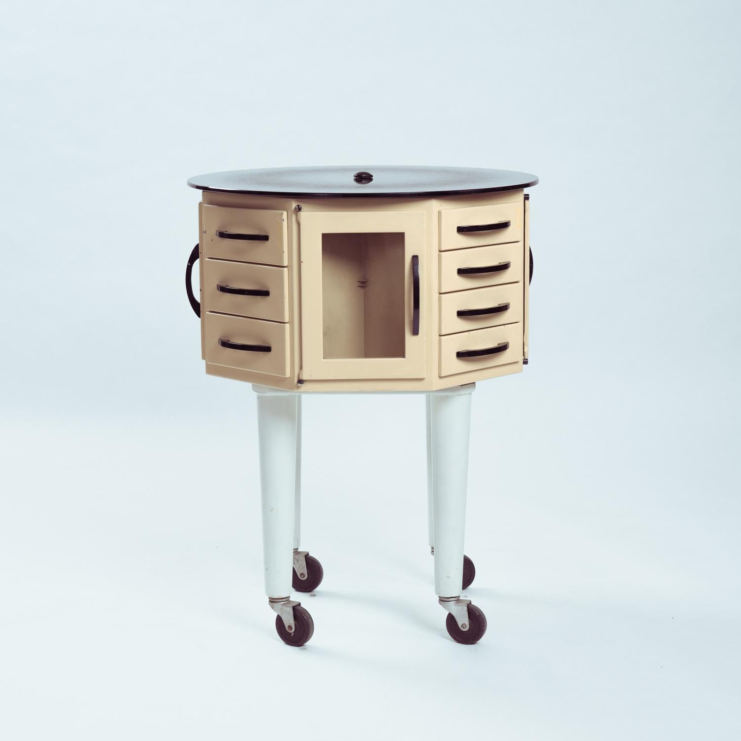 Metal Industrial steel glass turnable dental showcase cabinet, France, 1950s For Sale
