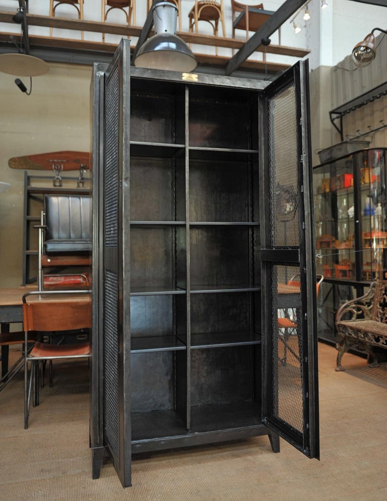 Industrial Two Mesh Doors Iron "Bauche" Bookcase, circa 1950 For Sale