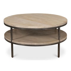 Industrial Two-Tier Round Coffee Table in Grey Wood and Iron