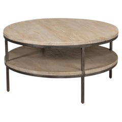 Industrial Two-Tier Round Coffee Table in Grey Wood and Iron