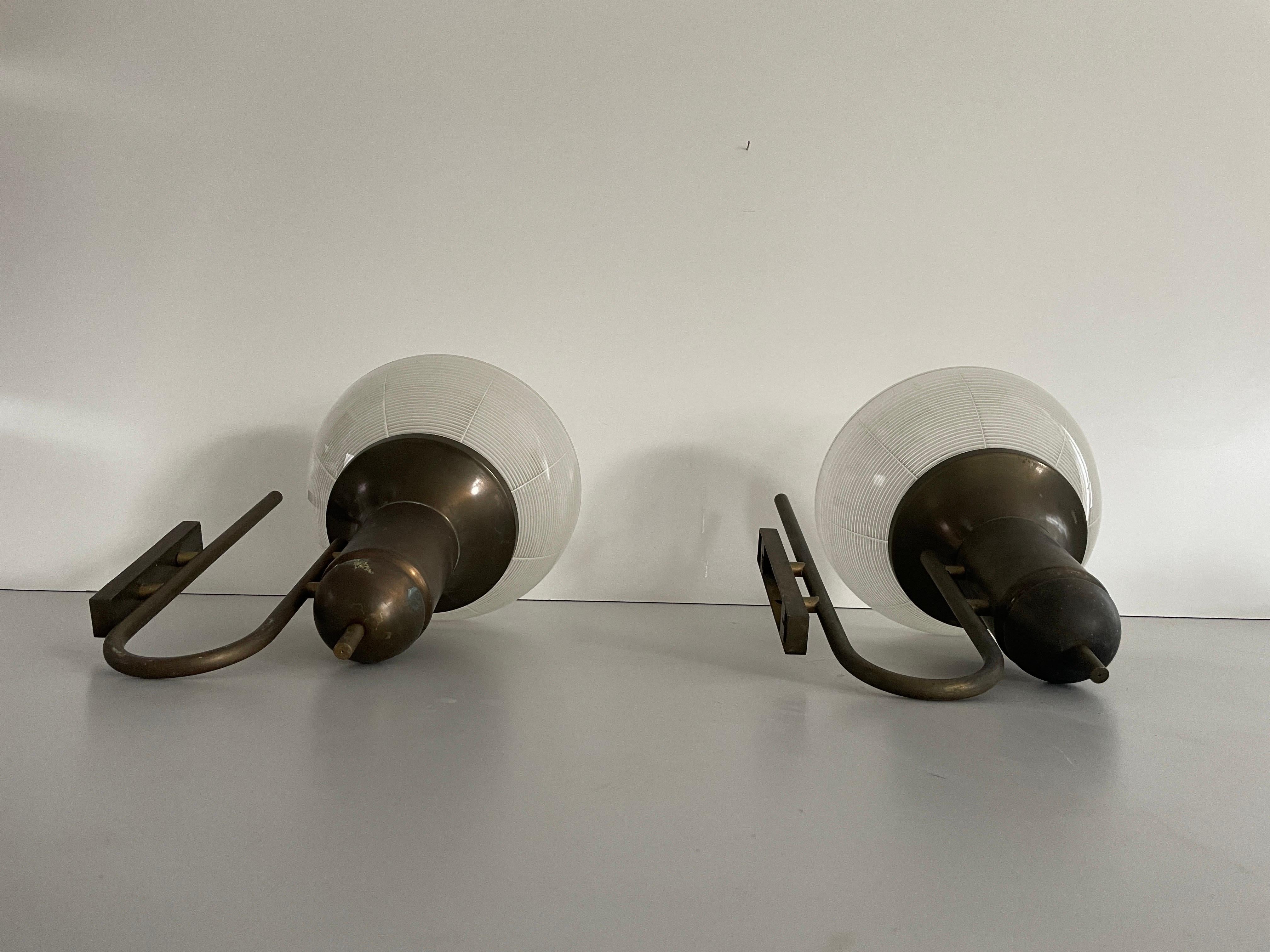 Industrial Type Glass & Brass Large Pair of Sconces, 1950s, Italy For Sale 4