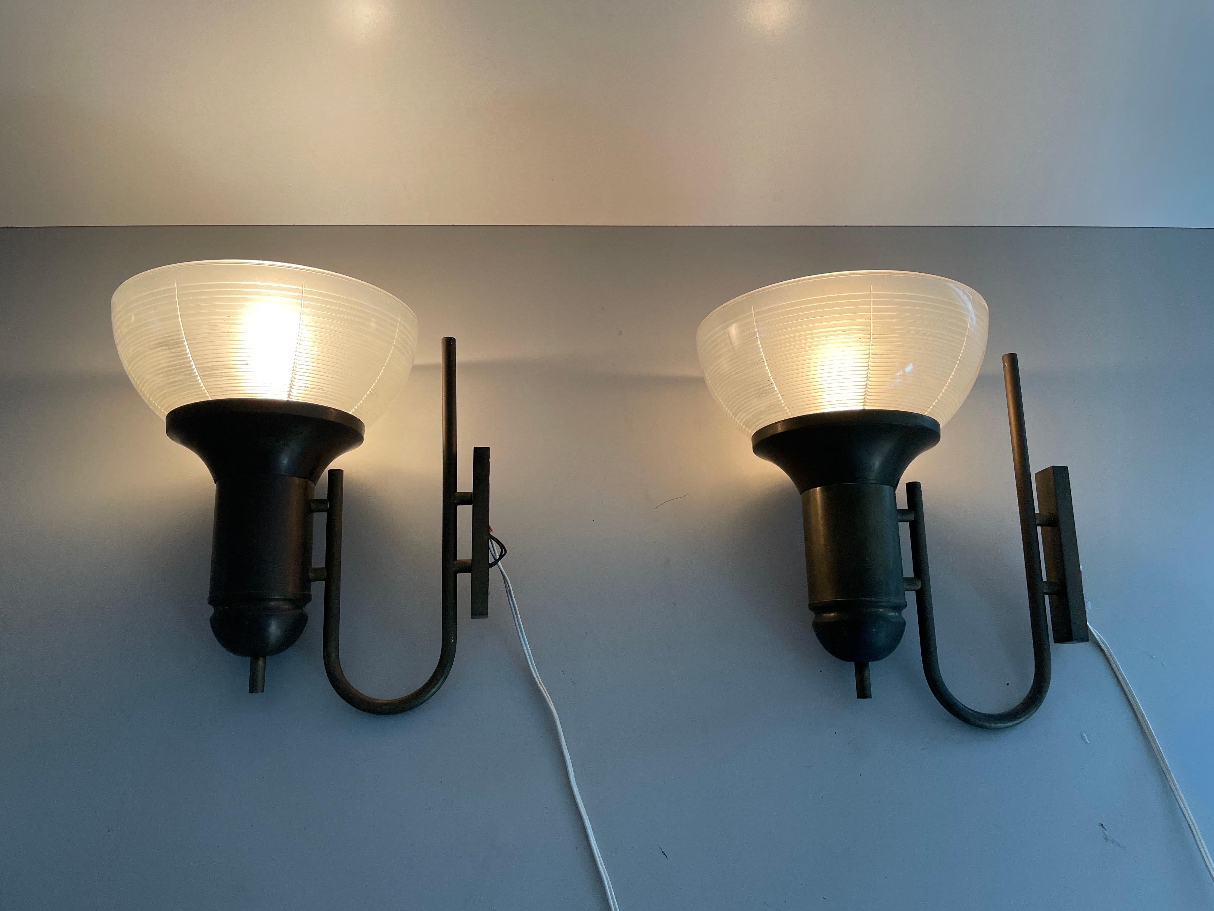 Industrial Type Glass & Brass Large Pair of Sconces, 1950s, Italy For Sale 5