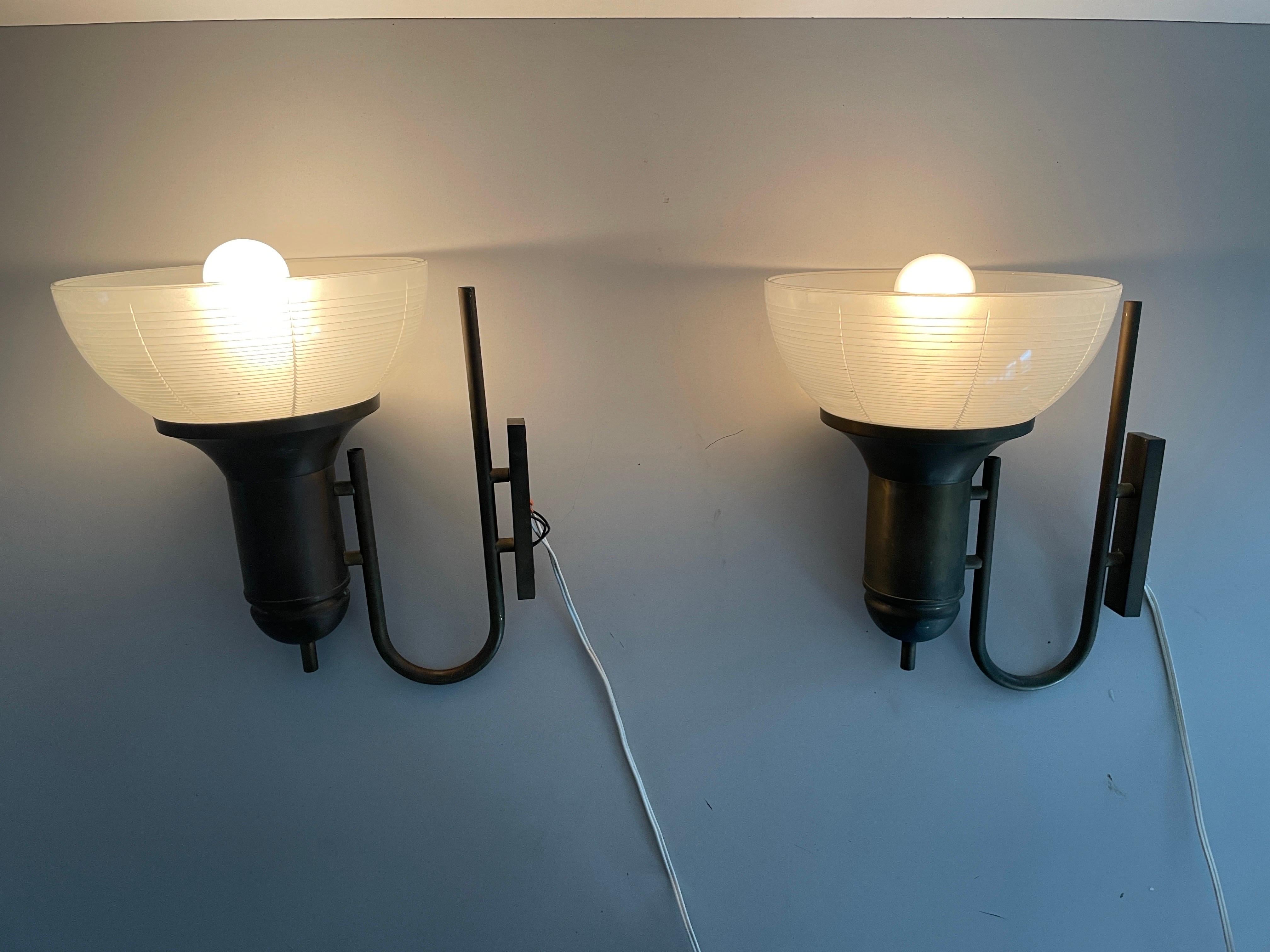 Industrial Type Glass & Brass Large Pair of Sconces, 1950s, Italy For Sale 6