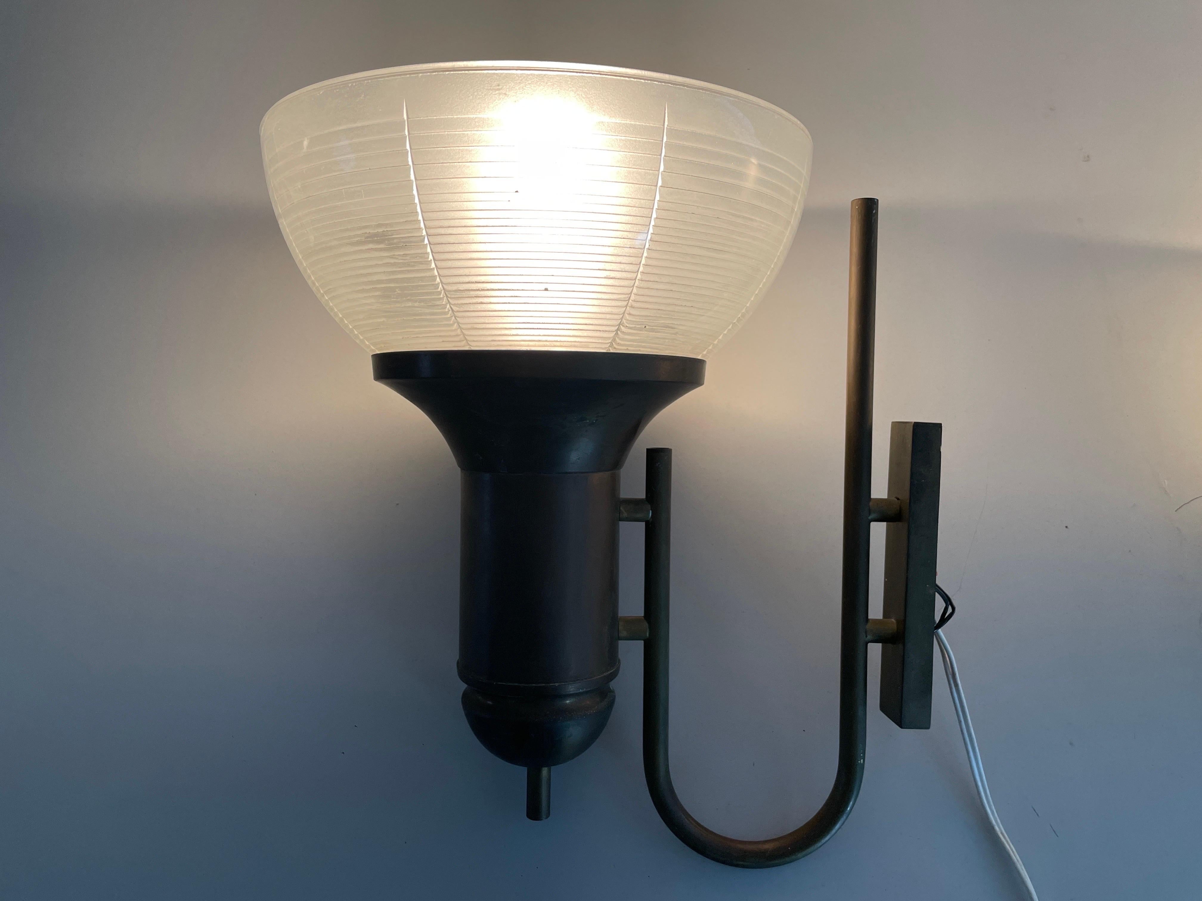 Industrial Type Glass & Brass Large Pair of Sconces, 1950s, Italy For Sale 7