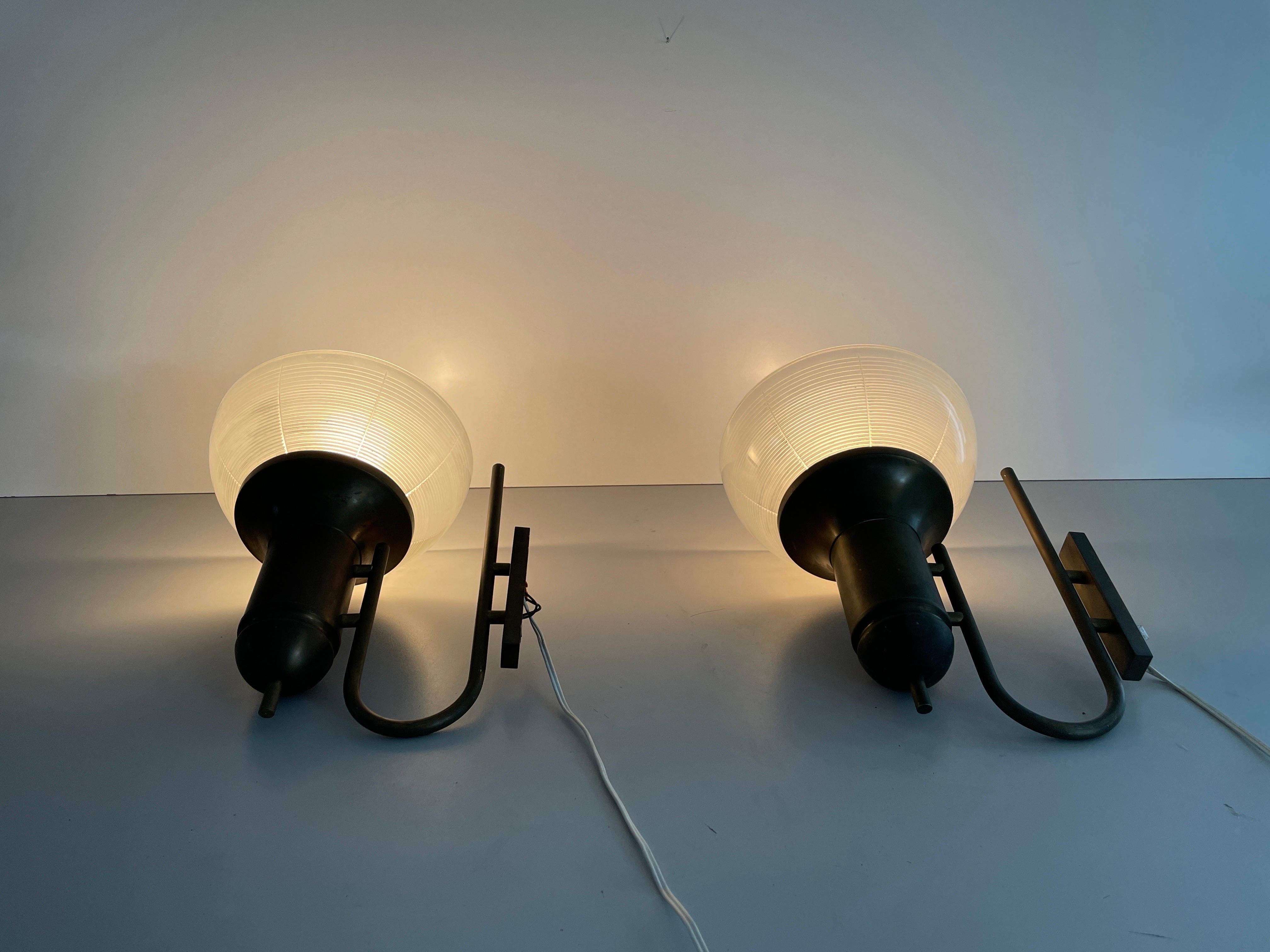 Industrial Type Glass & Brass Large Pair of Sconces, 1950s, Italy For Sale 8