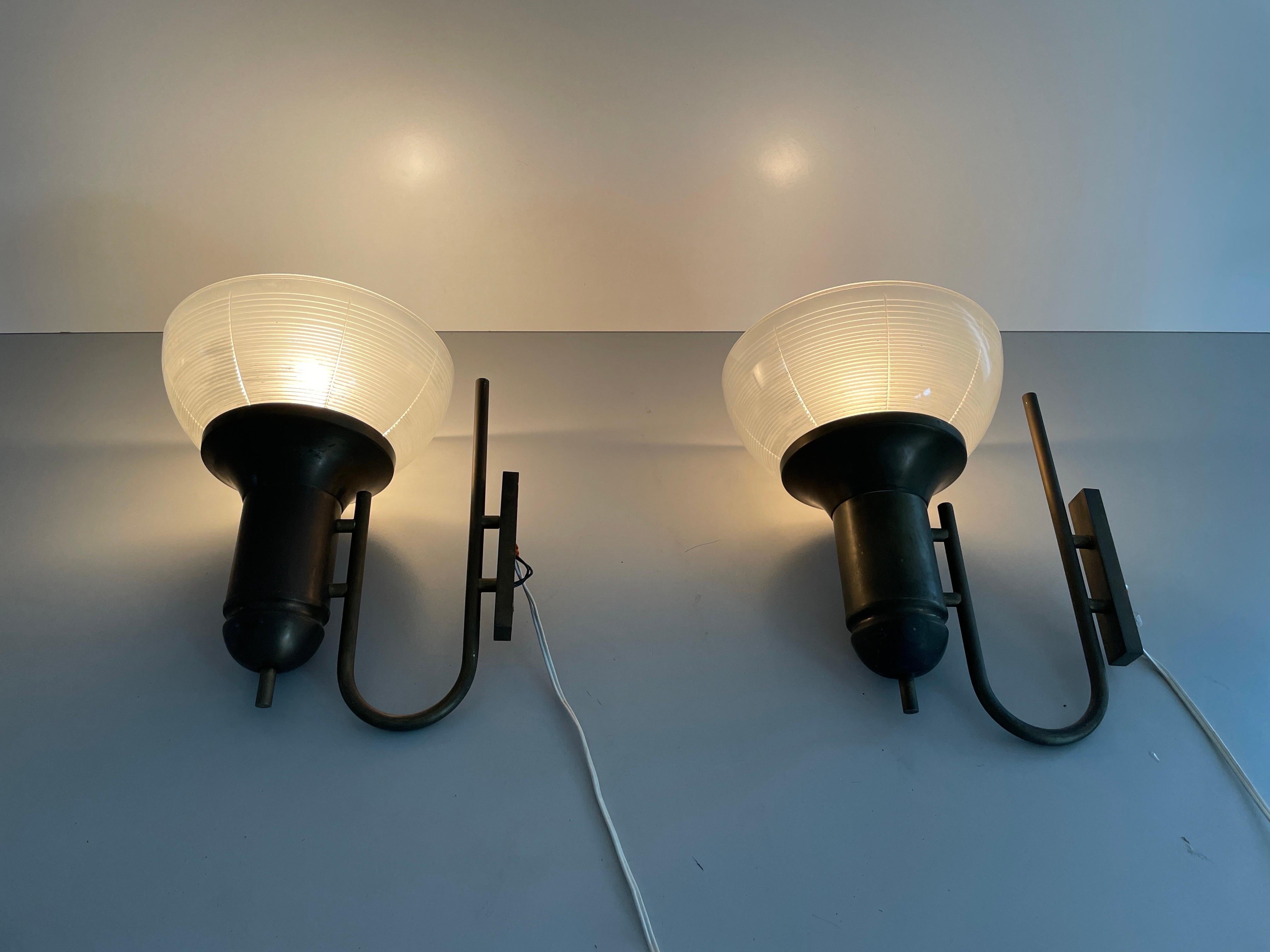 Industrial Type Glass & Brass Large Pair of Sconces, 1950s, Italy For Sale 9