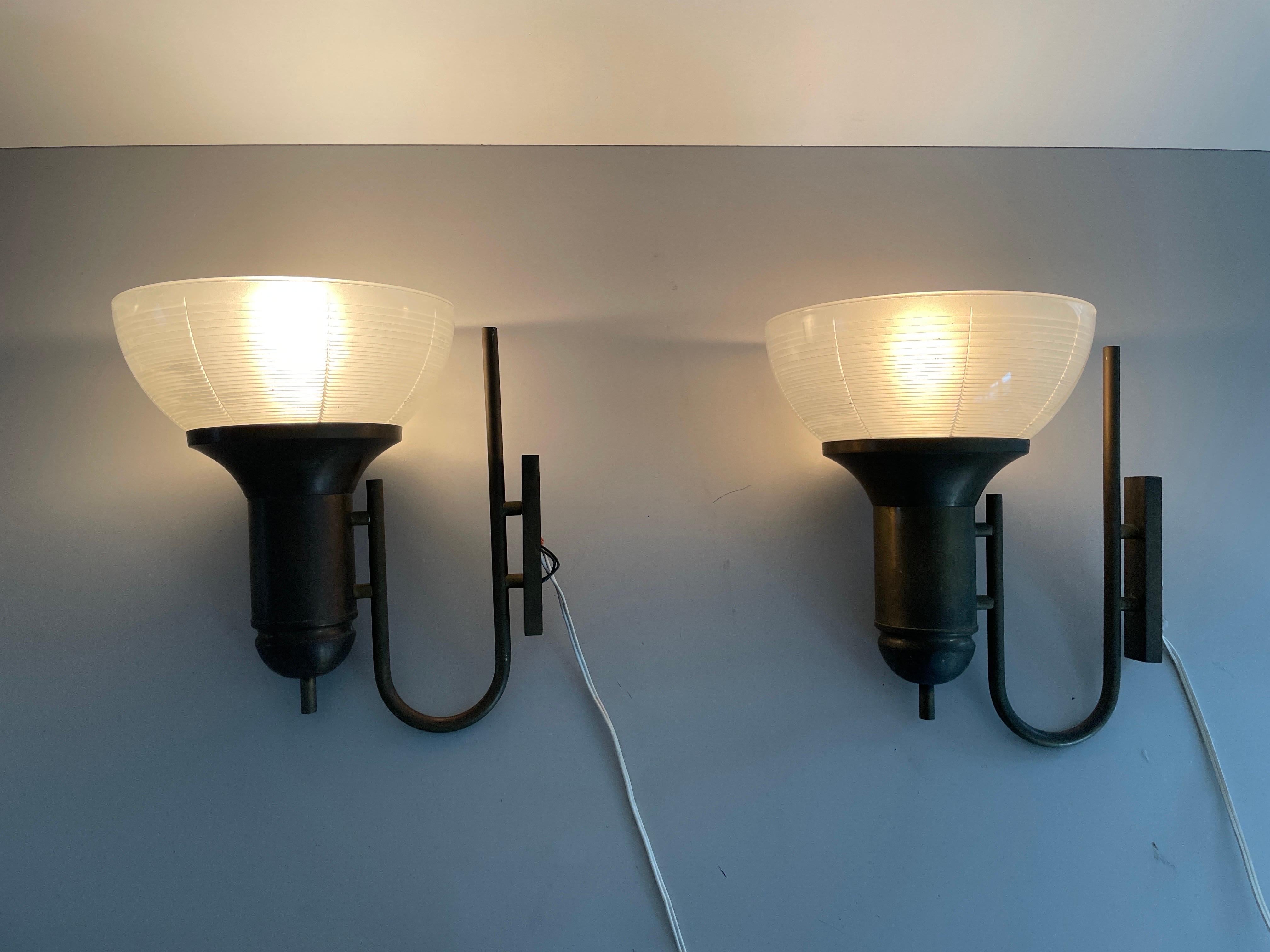 Industrial Type Glass & Brass Large Pair of Sconces, 1950s, Italy For Sale 11