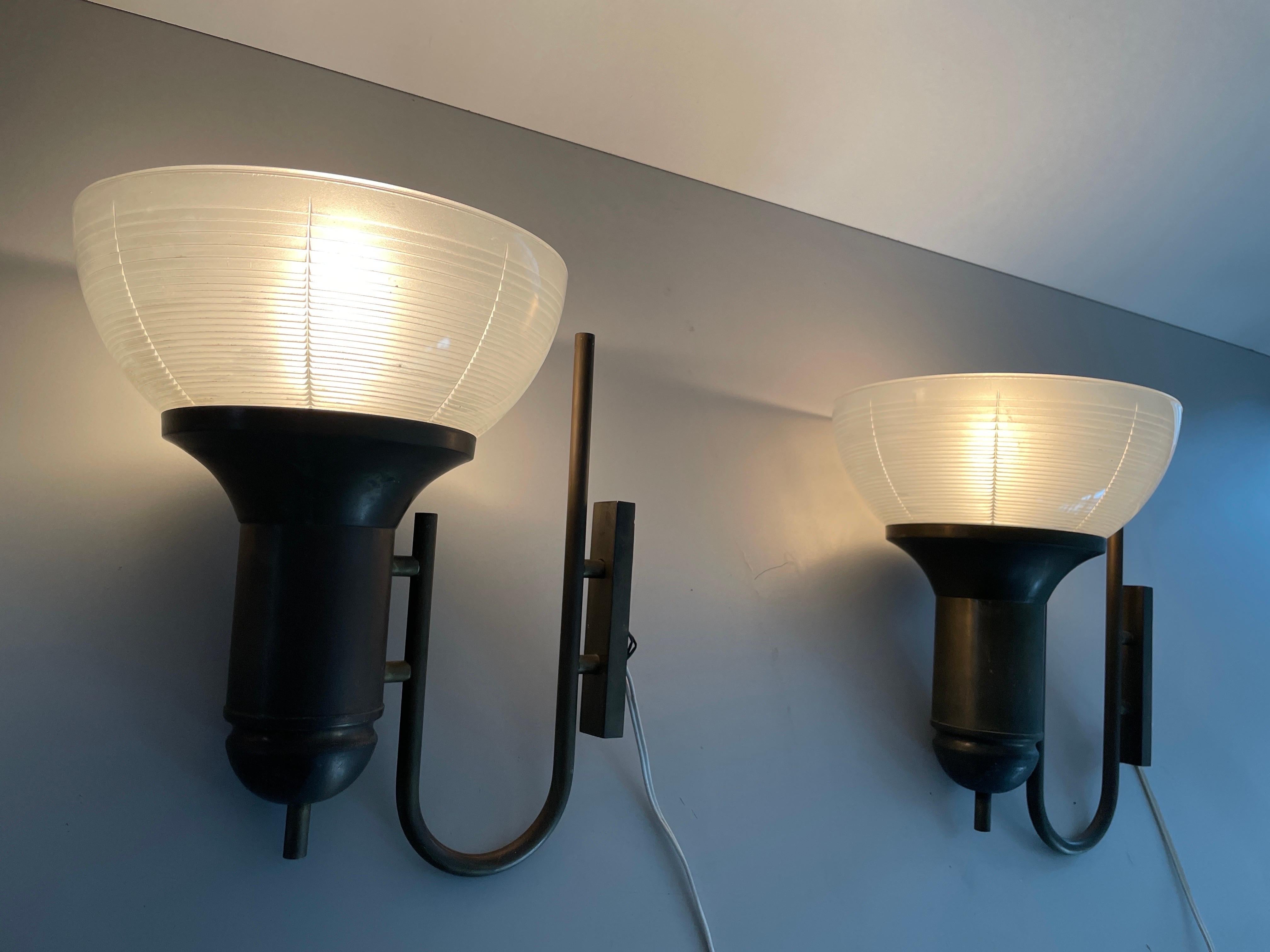 Industrial Type Glass & Brass Large Pair of Sconces, 1950s, Italy For Sale 13
