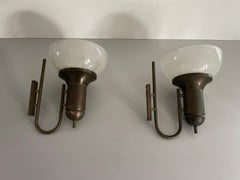 Industrial Type Glass & Brass Large Pair of Sconces, 1950s, Italy