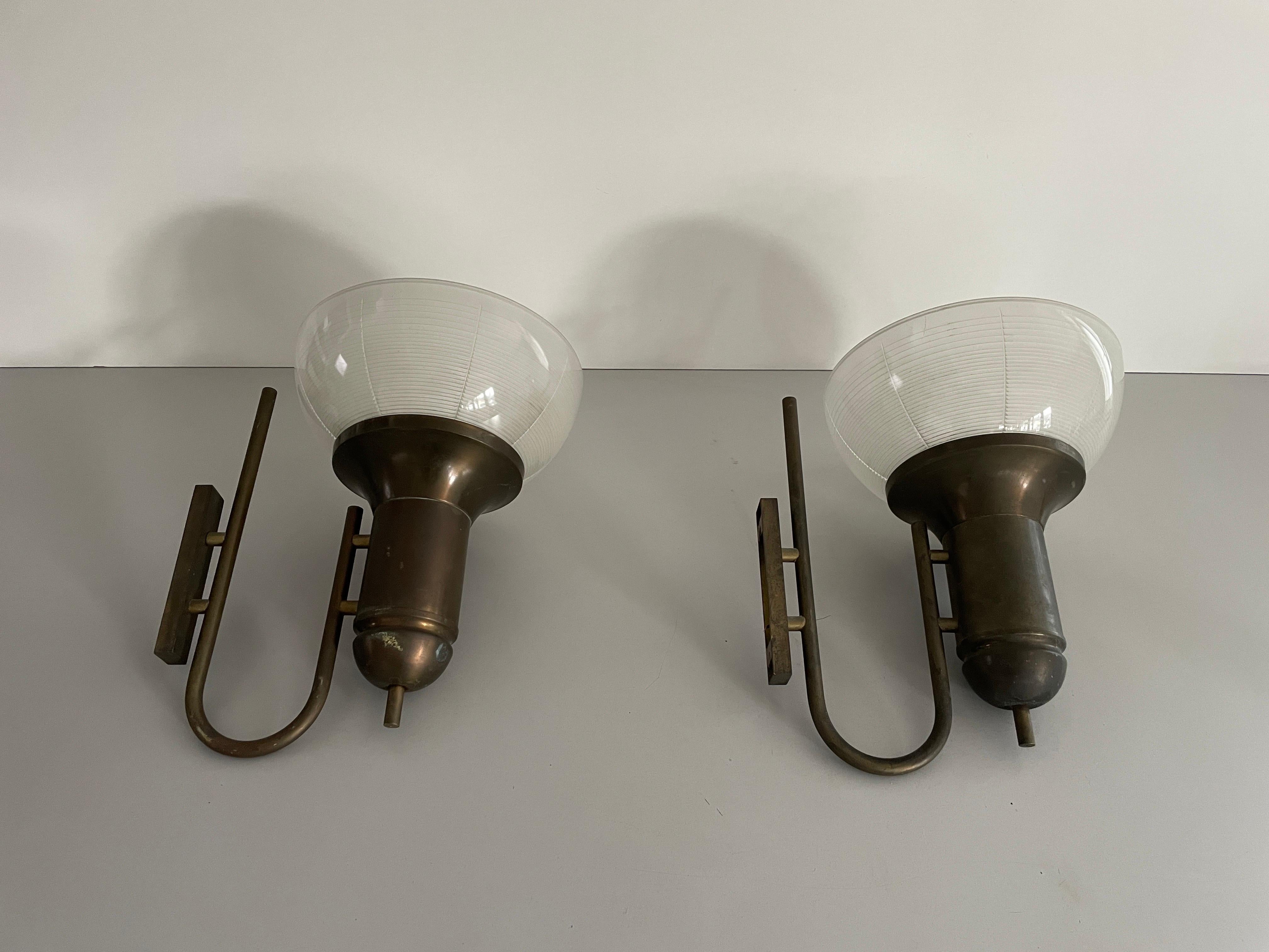 Mid-Century Modern Industrial Type Glass & Brass Large Pair of Sconces, 1950s, Italy For Sale
