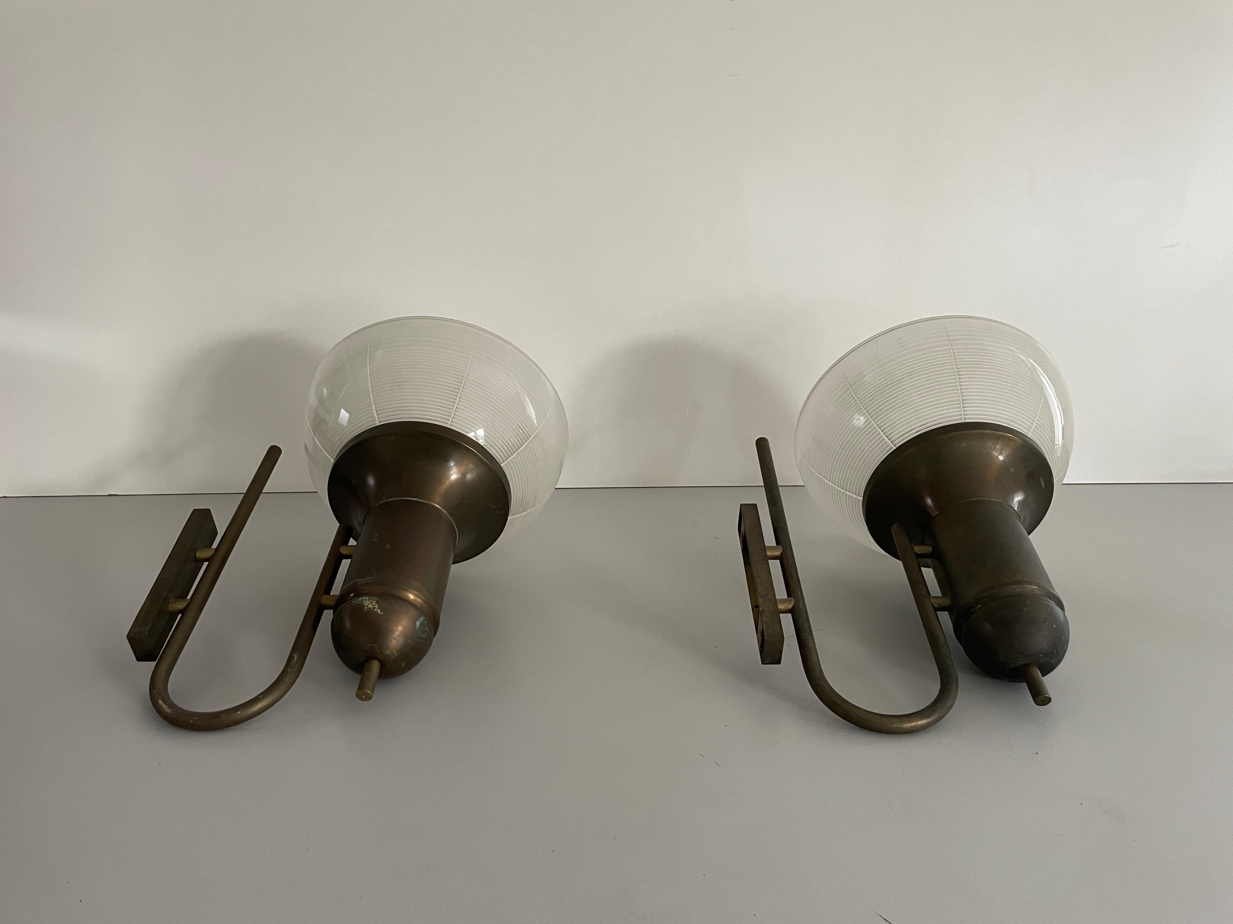 Italian Industrial Type Glass & Brass Large Pair of Sconces, 1950s, Italy For Sale