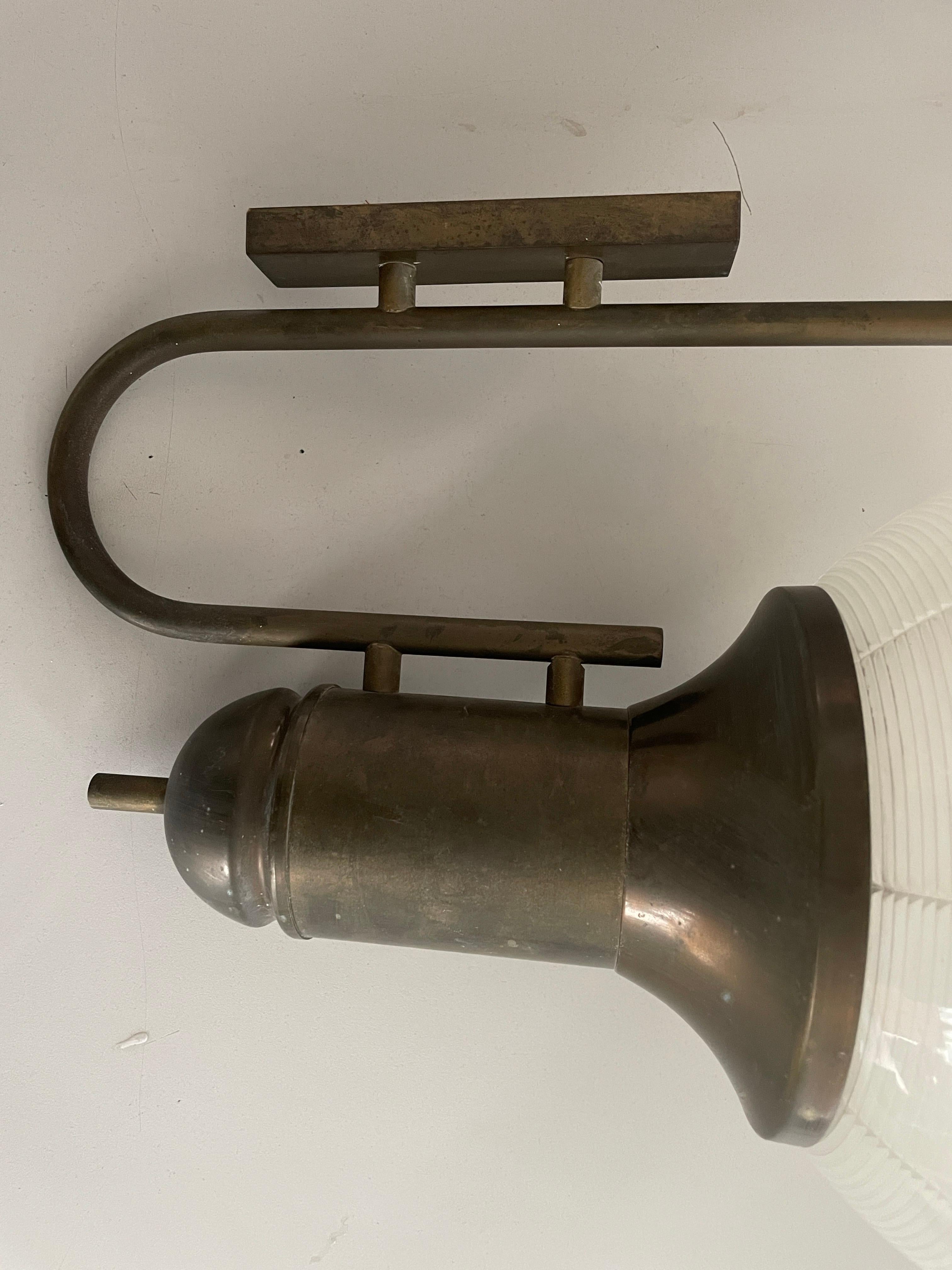 Industrial Type Glass & Brass Large Pair of Sconces, 1950s, Italy For Sale 1