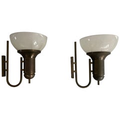 Industrial Type Glass & Brass Large Pair of Sconces, 1950s, Italy