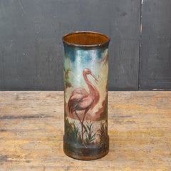 Industrial Umbrella Trash Can Cast Iron Folk Art Hand Painted Heron Flamingo