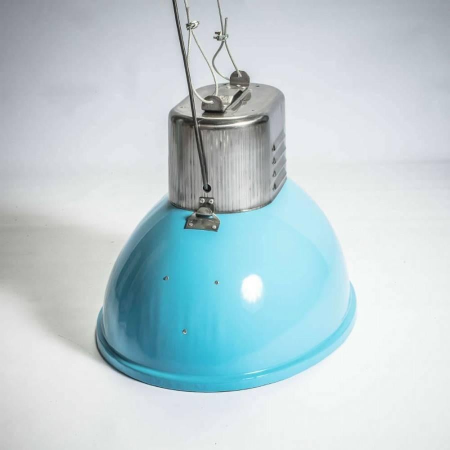 French Industrial Vintage European Original Blue Steel Big Pendant Lamps