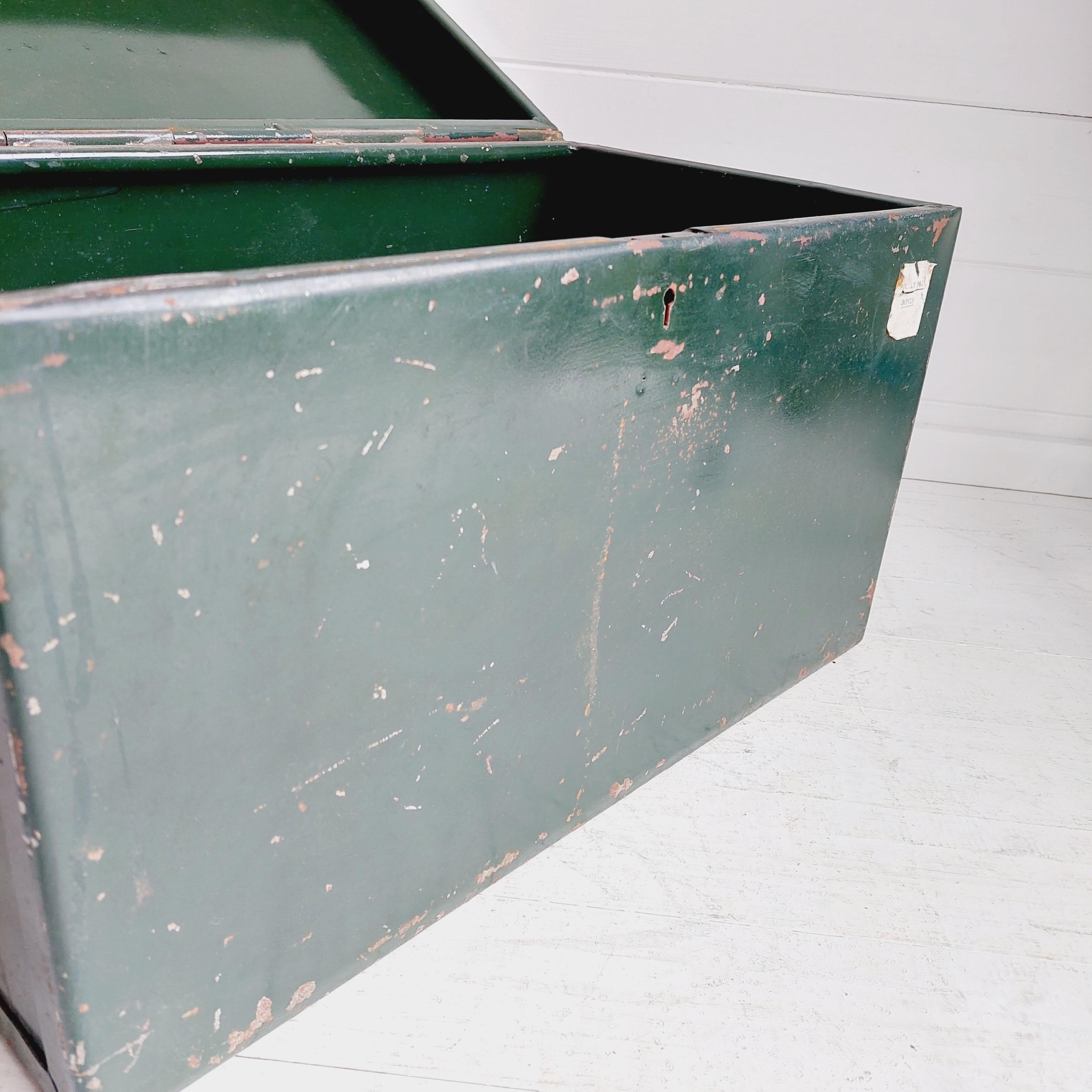 Industrial Vintage Green Steel Trunk Chest Strong Box with Distressed Paint, 50s 1