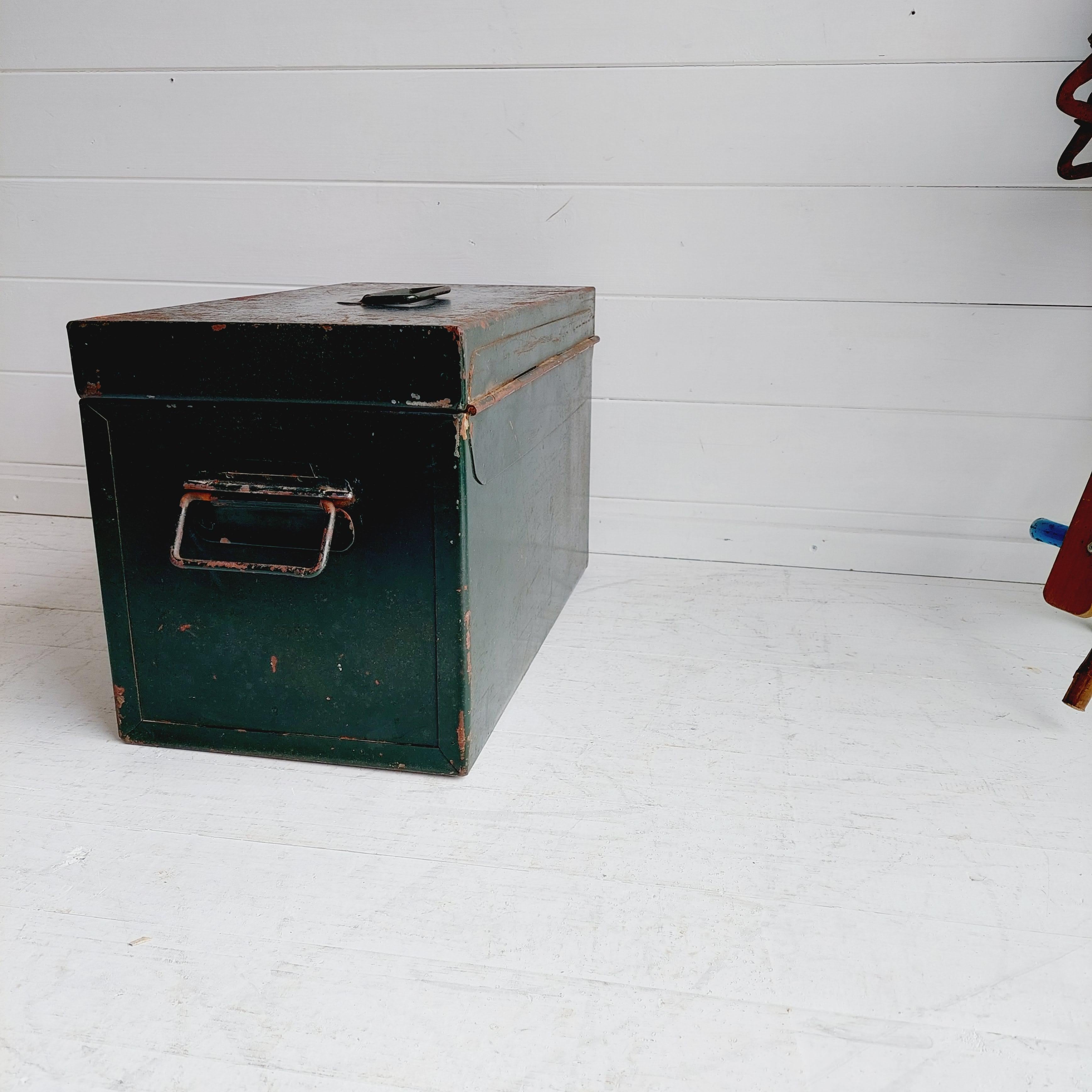 Industrial Vintage Green Steel Trunk Chest Strong Box with Distressed Paint, 50s 3