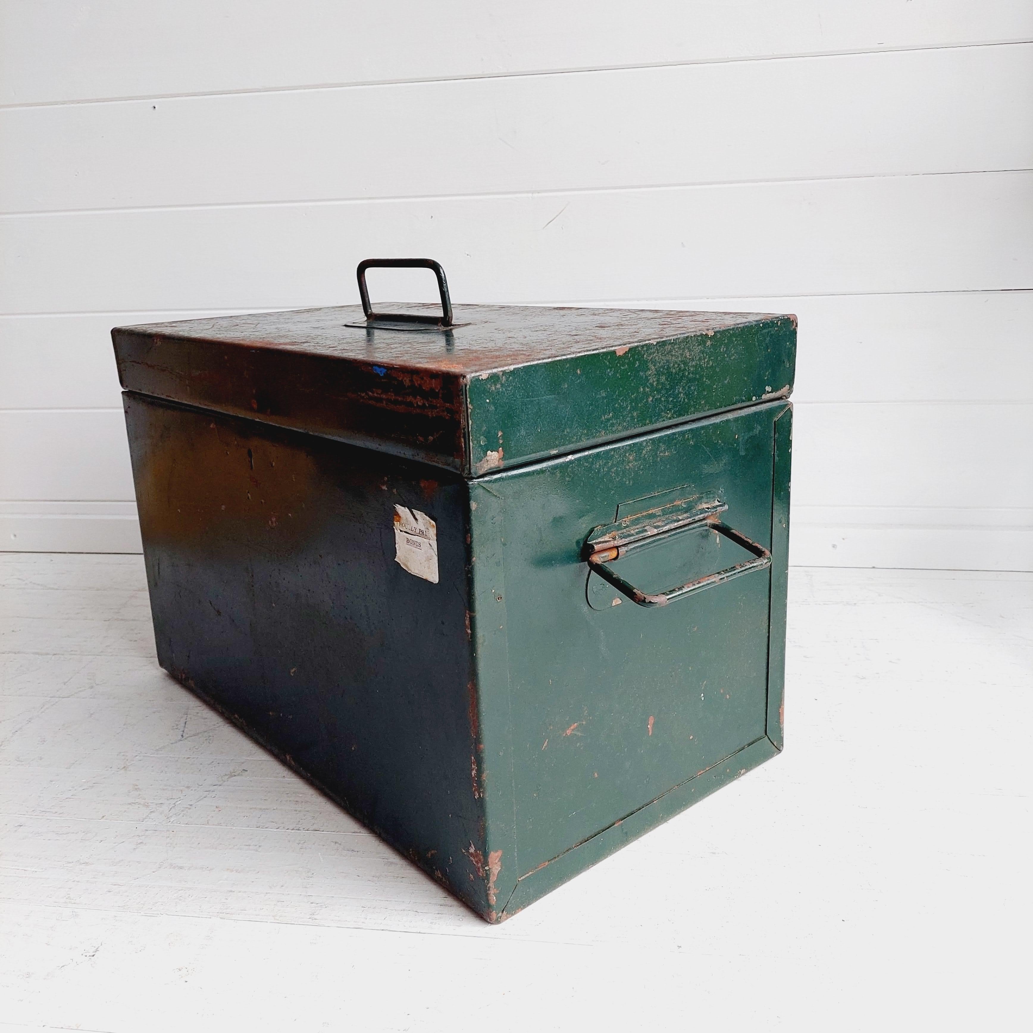 European Industrial Vintage Green Steel Trunk Chest Strong Box with Distressed Paint, 50s