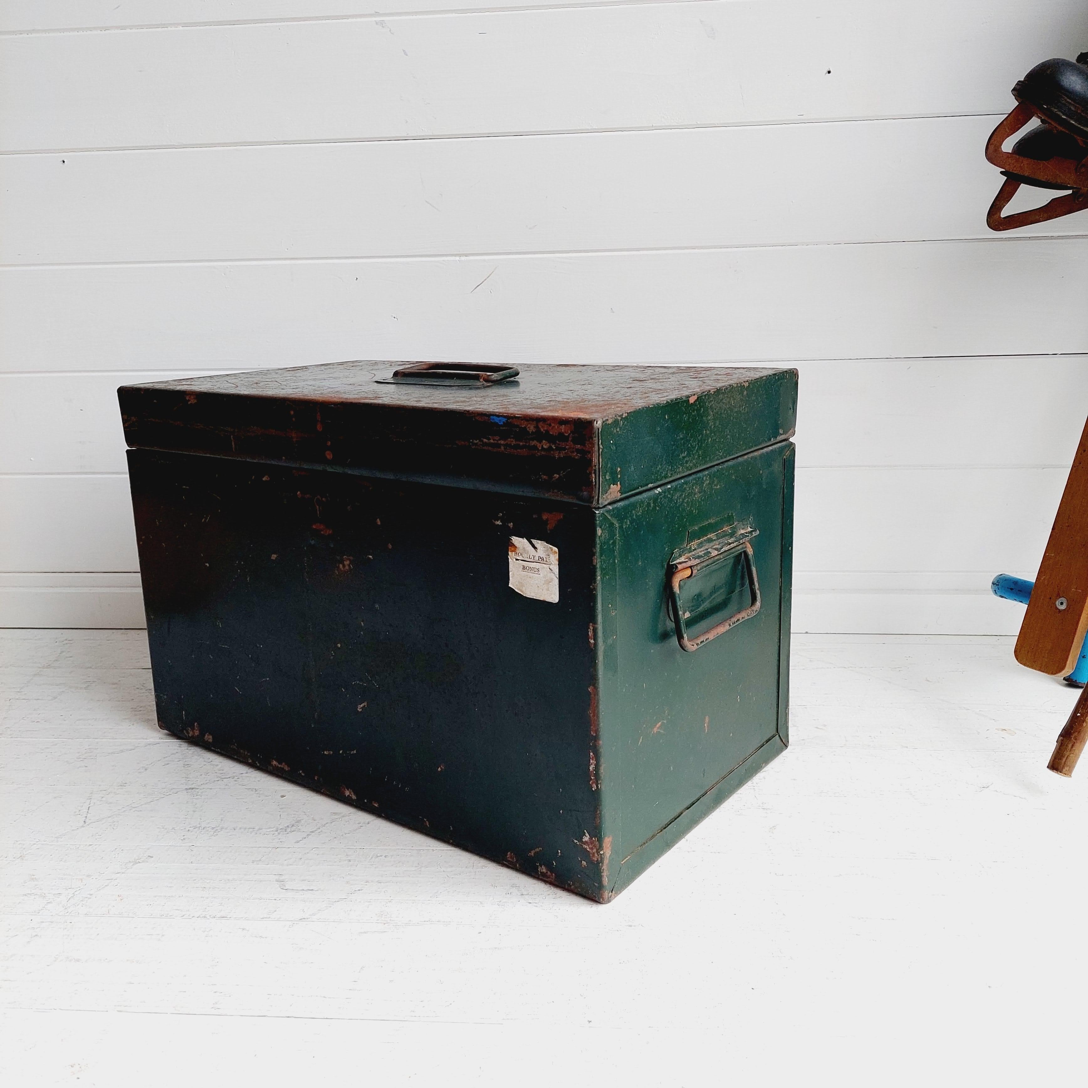 Enameled Industrial Vintage Green Steel Trunk Chest Strong Box with Distressed Paint, 50s