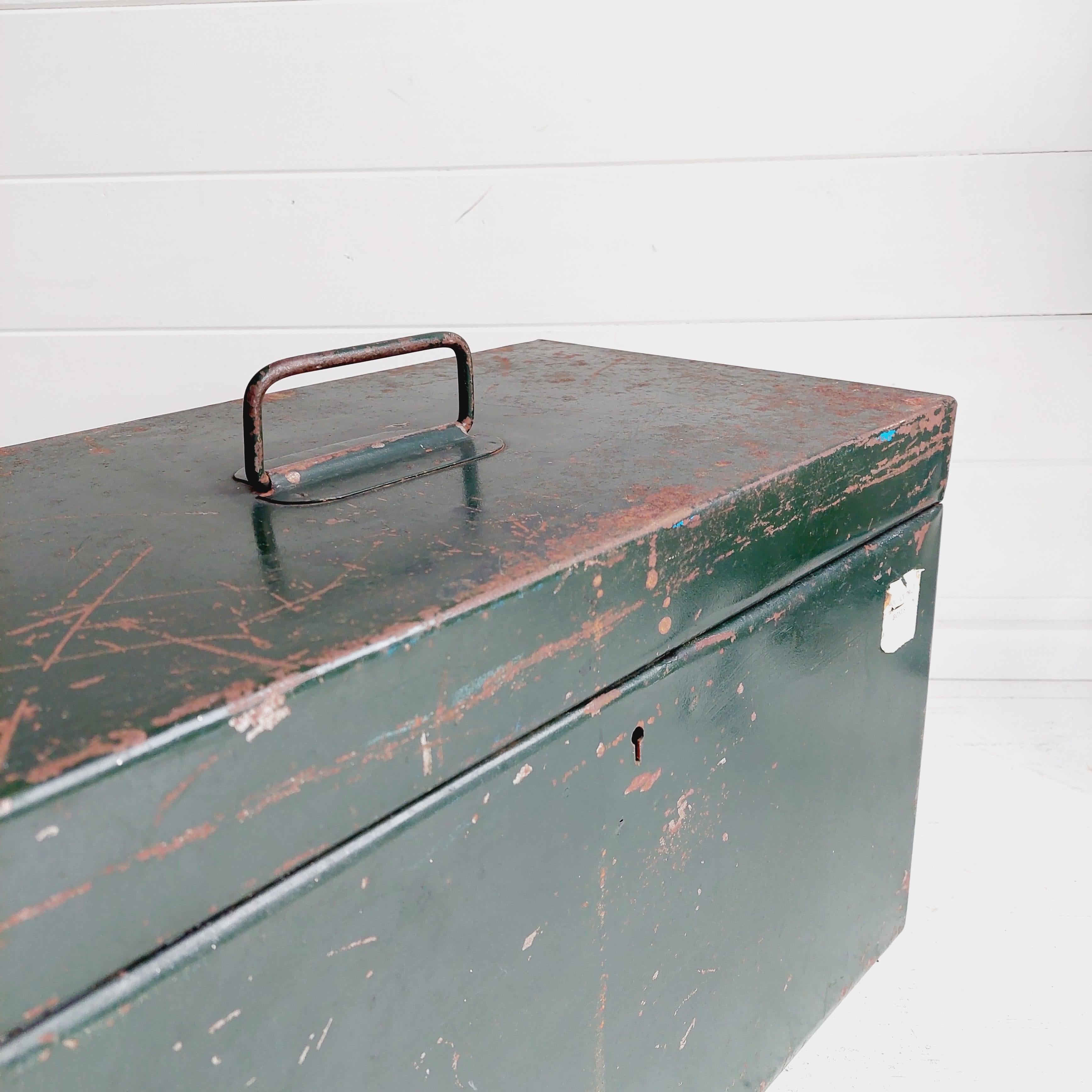 Industrial Vintage Green Steel Trunk Chest Strong Box with Distressed Paint, 50s In Good Condition In Leamington Spa, GB