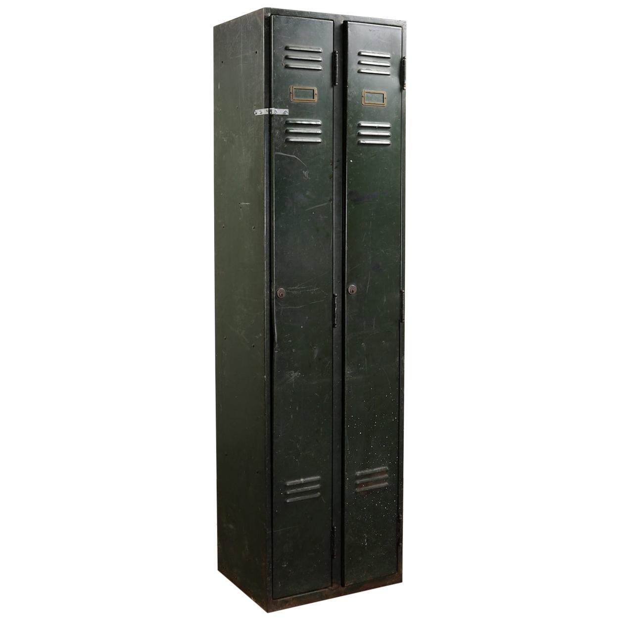 Industrial Vintage Tall Green Metal Locker, 20th Century For Sale