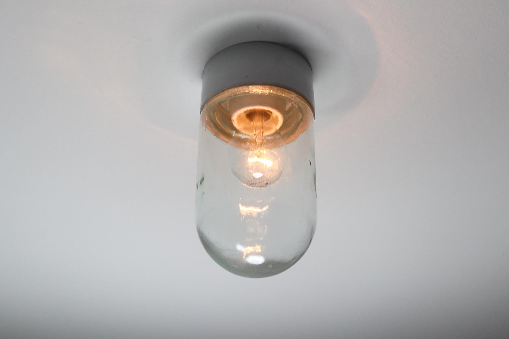 French Industrial Vintage Wall/Ceiling Lights with Clear Glass and Porcelain Base 1960s