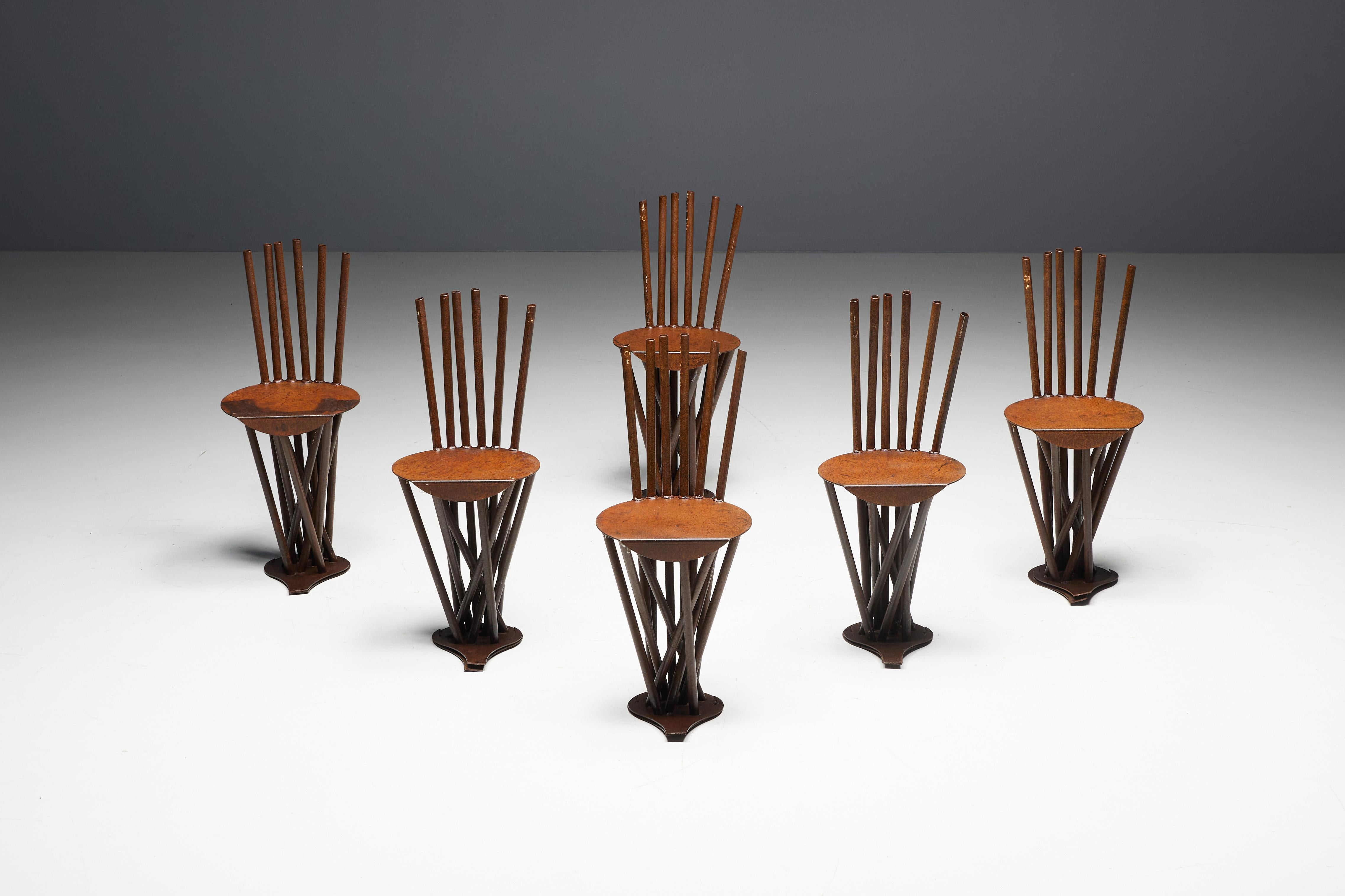 Unique dining chairs, crafted from steel that embody the industrial and primitive aesthetic that has become increasingly sought after. Originating from the north of France, these pieces date back to the mid-20th century, capturing the raw and