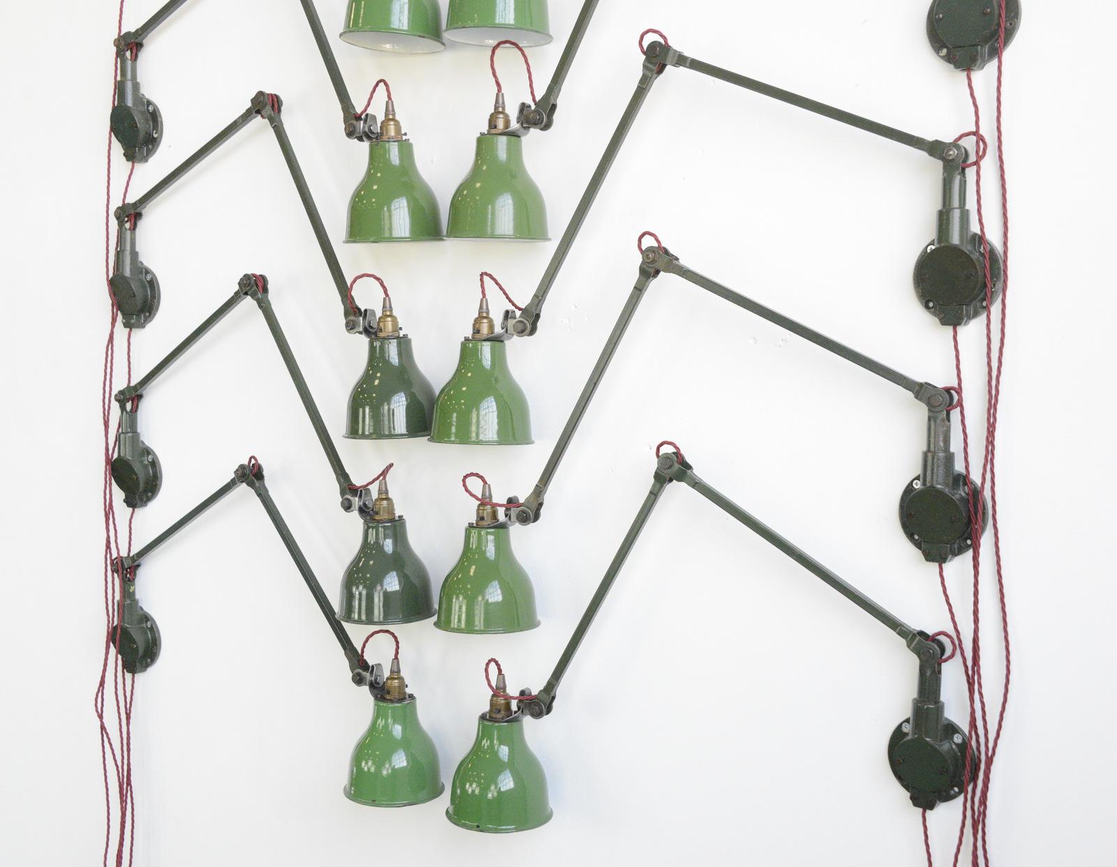 Industrial wall lamps by Mek Elek, circa 1930s

- Price is per lamp (10 available)
- Vitreous green enamel shades
- Articulated steel arms
- Takes B22 fitting bulbs
- On/Off toggle switch on the bulb holder
- Produced my Mek Elek, London
-