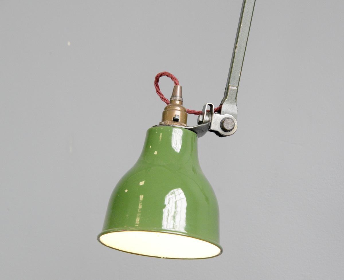 Industrial wall lamps by Mek Elek, circa 1930s

- Price is per lamp (7 available)
- Vitreous green enamel shades
- Articulated steel arms
- Takes B22 fitting bulbs
- On/Off toggle switch on the bulb holder
- Produced my Mek Elek, London
-