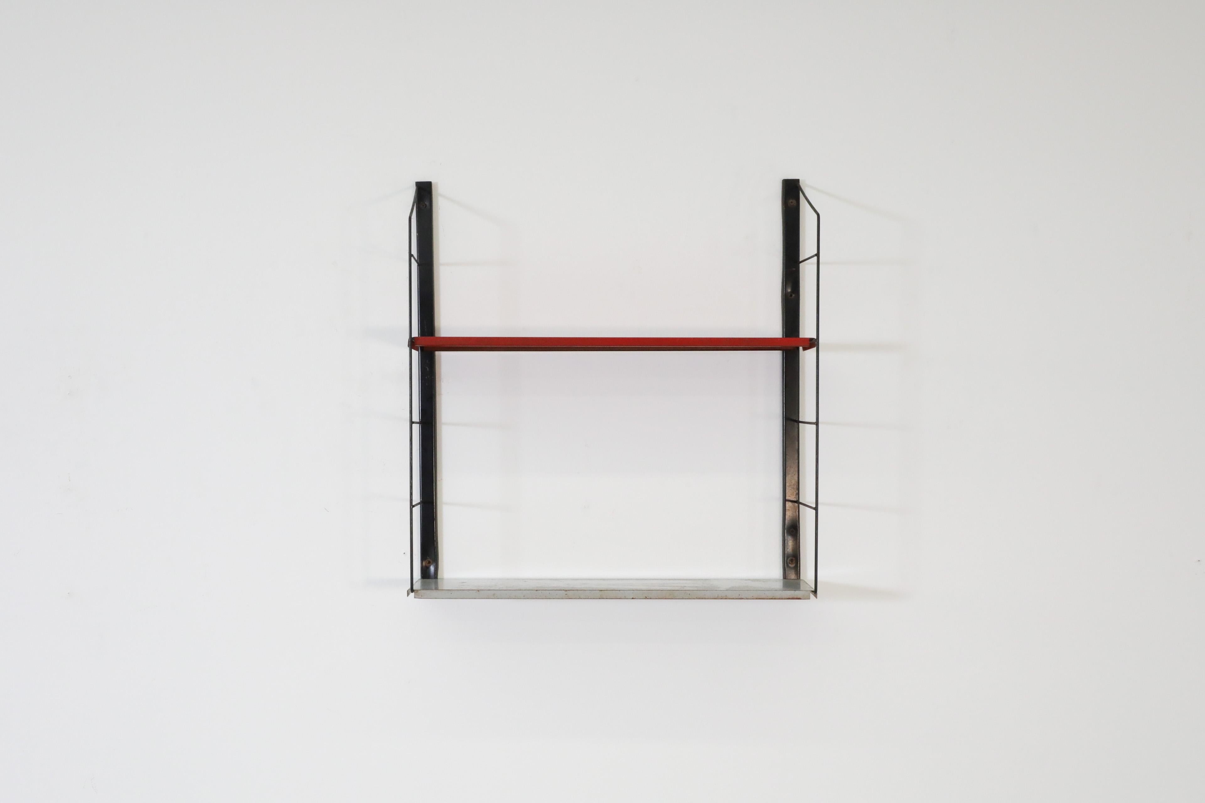 Dutch Industrial Wall Mount Shelving with Gray and Red Shelves For Sale