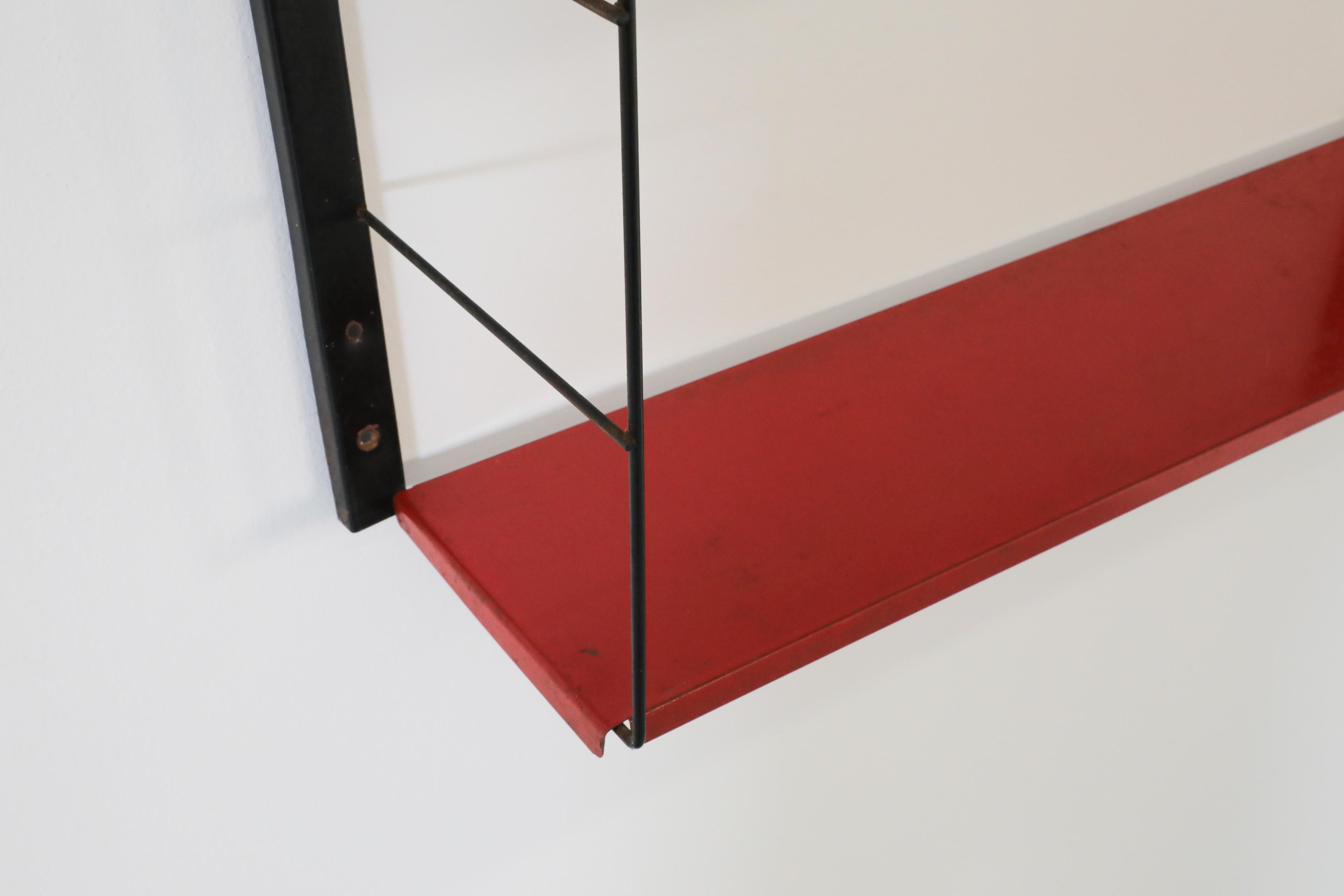 Mid-20th Century Industrial Wall Mount Shelving with Gray and Red Shelves For Sale